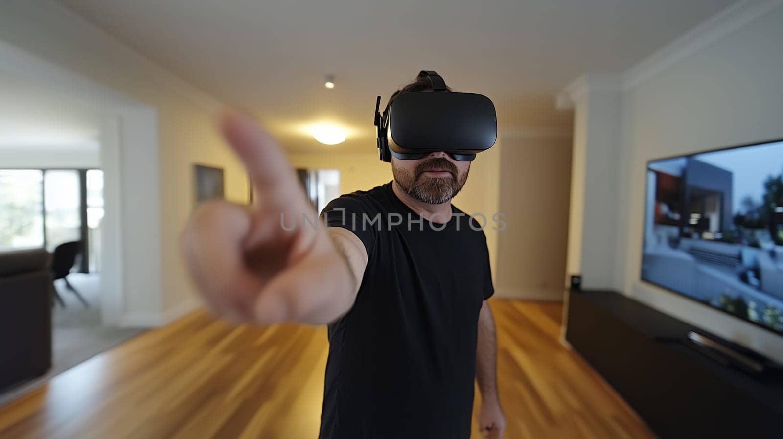 Modern digital interactive technology, man using VR headset, experience virtual reality in modern living room space