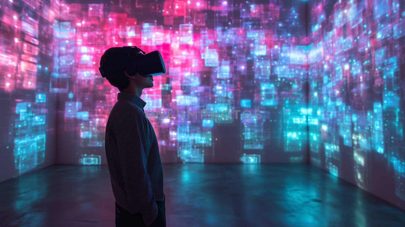 Modern digital interactive technology, teenager boy explores the world using VR headset, kid experience virtual reality. Holographic glowing display projecting image