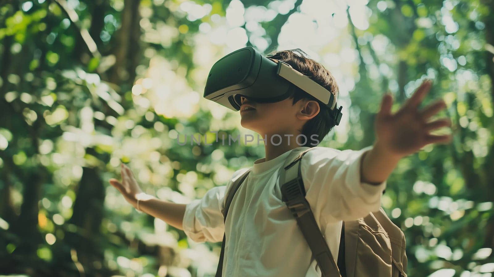 A young boy wearing a VR headset stands in a lush forest, engaging with a virtual reality recreation of nature