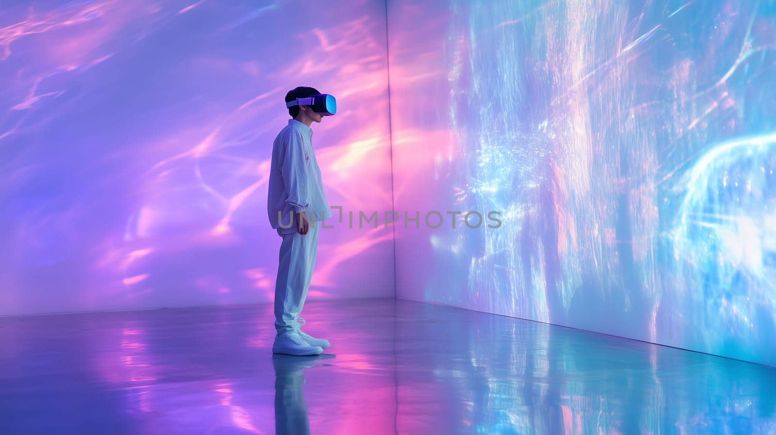 Modern digital interactive technology, teenager boy explores the world using VR headset, kid experience virtual reality. Holographic glowing display projecting image