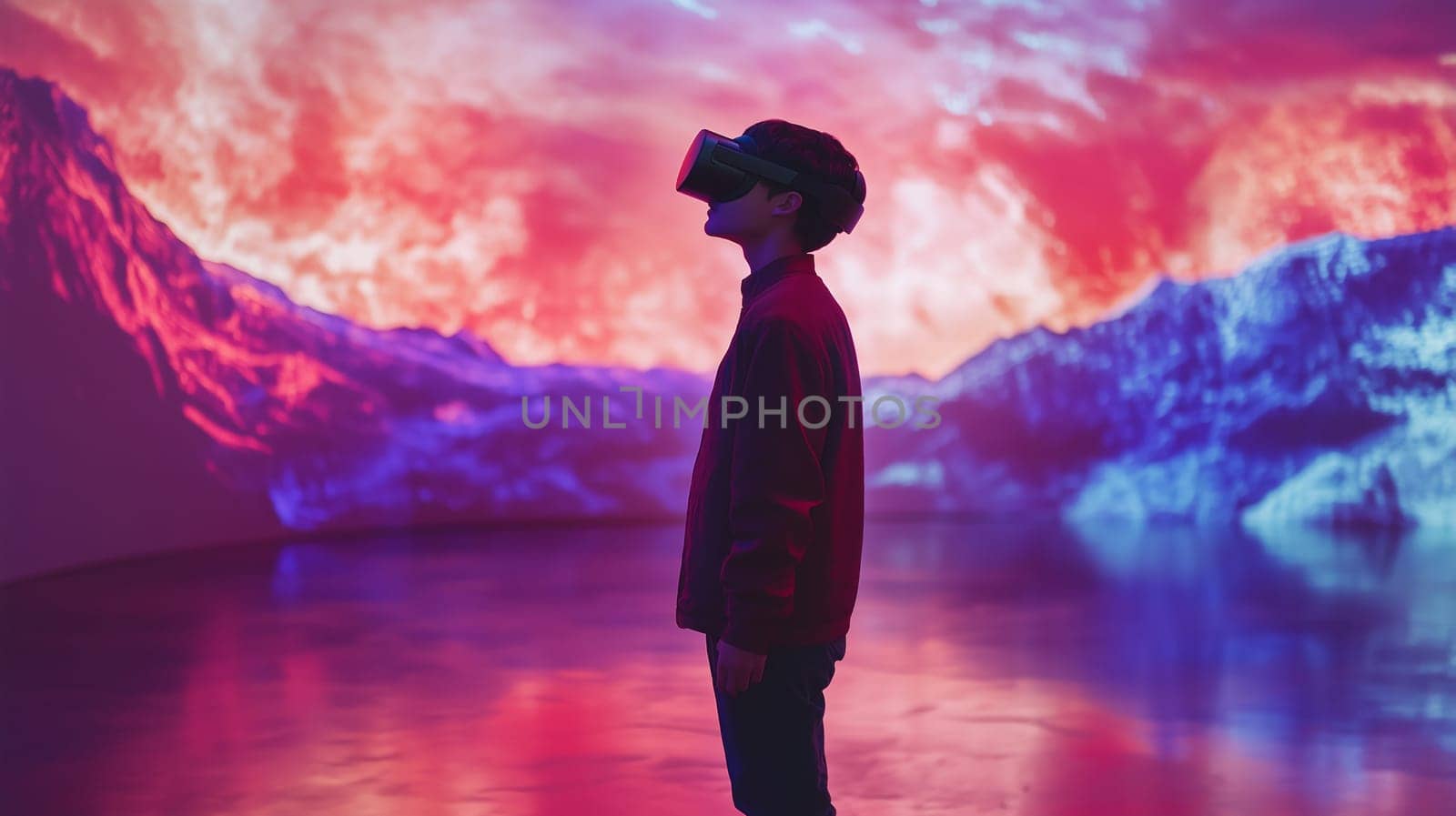 Modern digital interactive technology, a teenage boy wearing a VR headset stands before a futuristic digital landscape, fully immersed in a virtual world