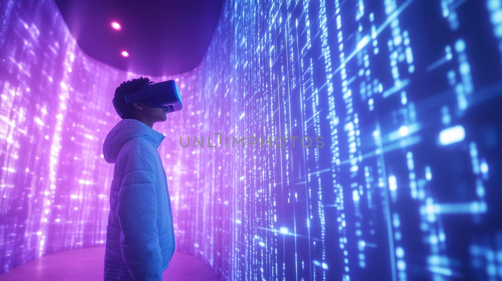 Modern digital interactive technology, teenager boy explores the world using VR headset, kid experience virtual reality. Holographic glowing display projecting image