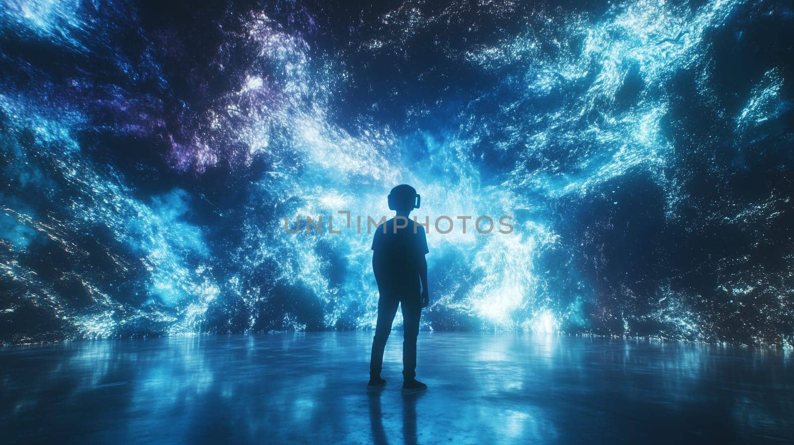 Modern digital interactive technology, teenager boy explores the world using VR headset, kid experience virtual reality. Holographic glowing display projecting image