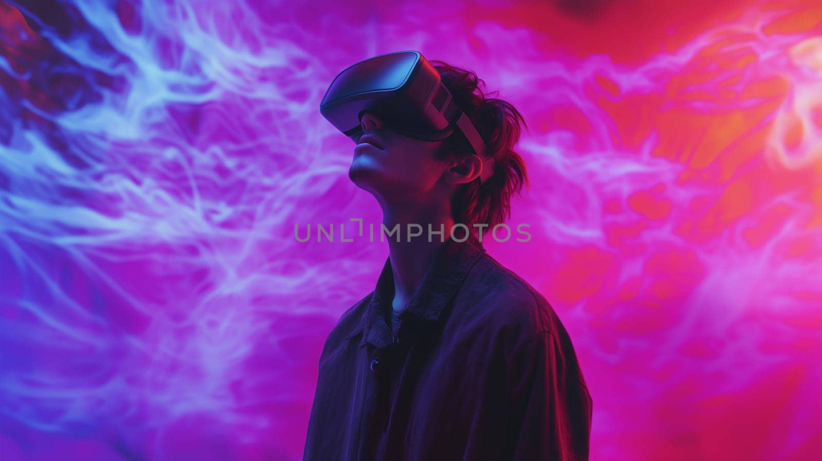 Modern digital interactive technology, teenager boy explores the world using VR headset, kid experience virtual reality. Holographic glowing display projecting image