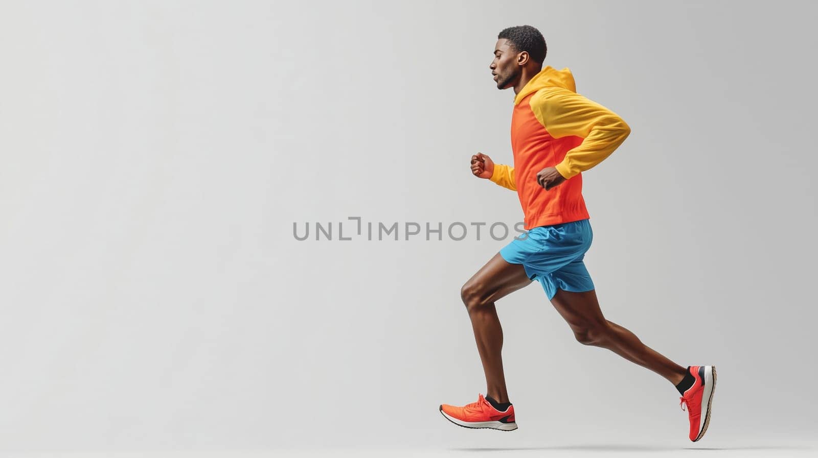 Sport, runner man jogging wearing colorful sportswear, male sportsman running on gray studio background, fitness and healthy lifestyle
