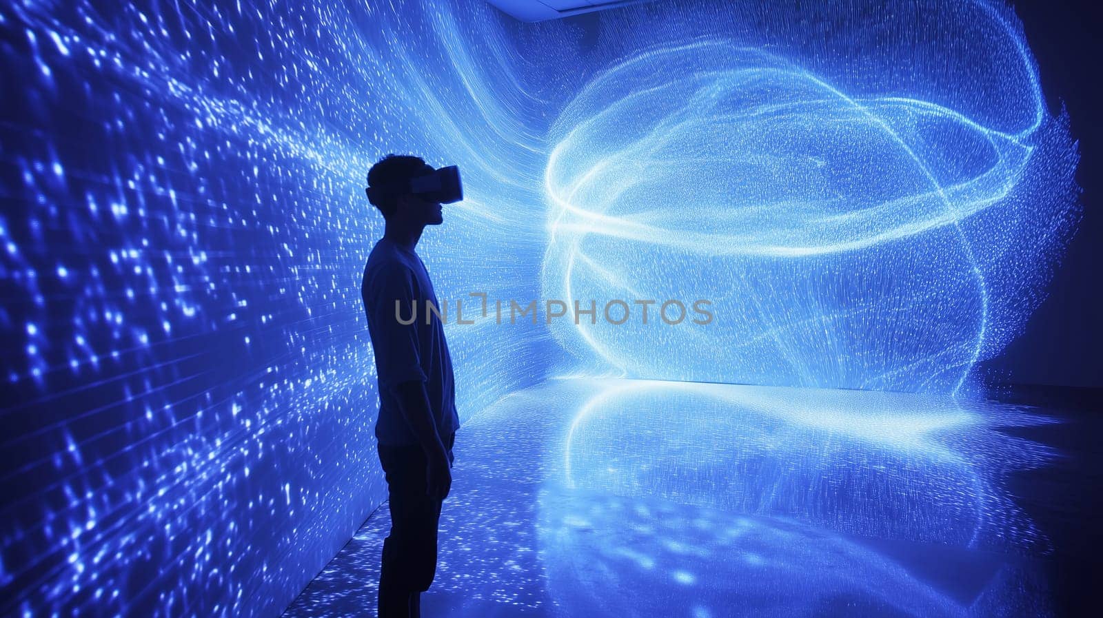 Modern digital interactive technology, teenager boy explores the world using VR headset, kid experience virtual reality. Holographic glowing display projecting image