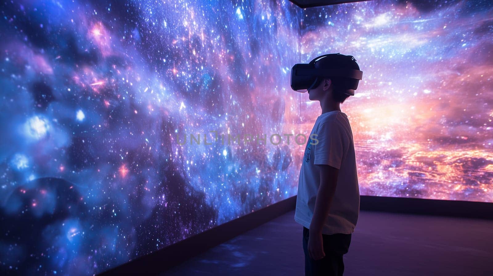 Digital interactive technology, teenager boy explores the world using VR headset, kid experience virtual reality, watches cosmos. Holographic glowing display