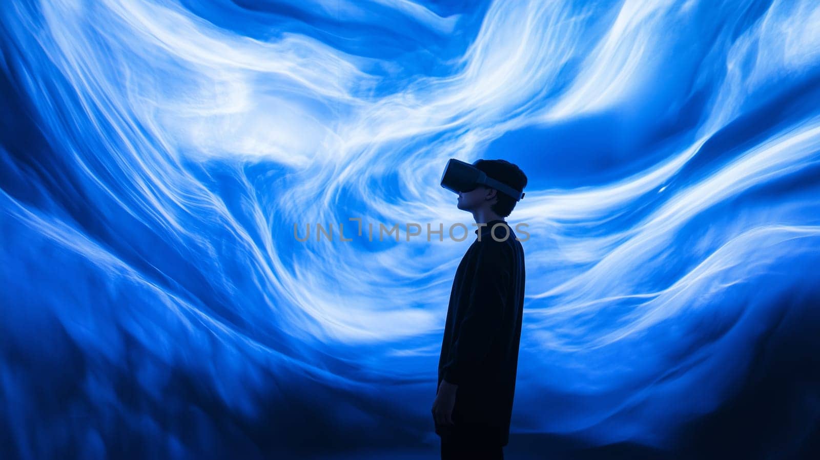 Modern digital interactive technology, teenager boy explores the world using VR headset, kid experience virtual reality. Holographic glowing display projecting image