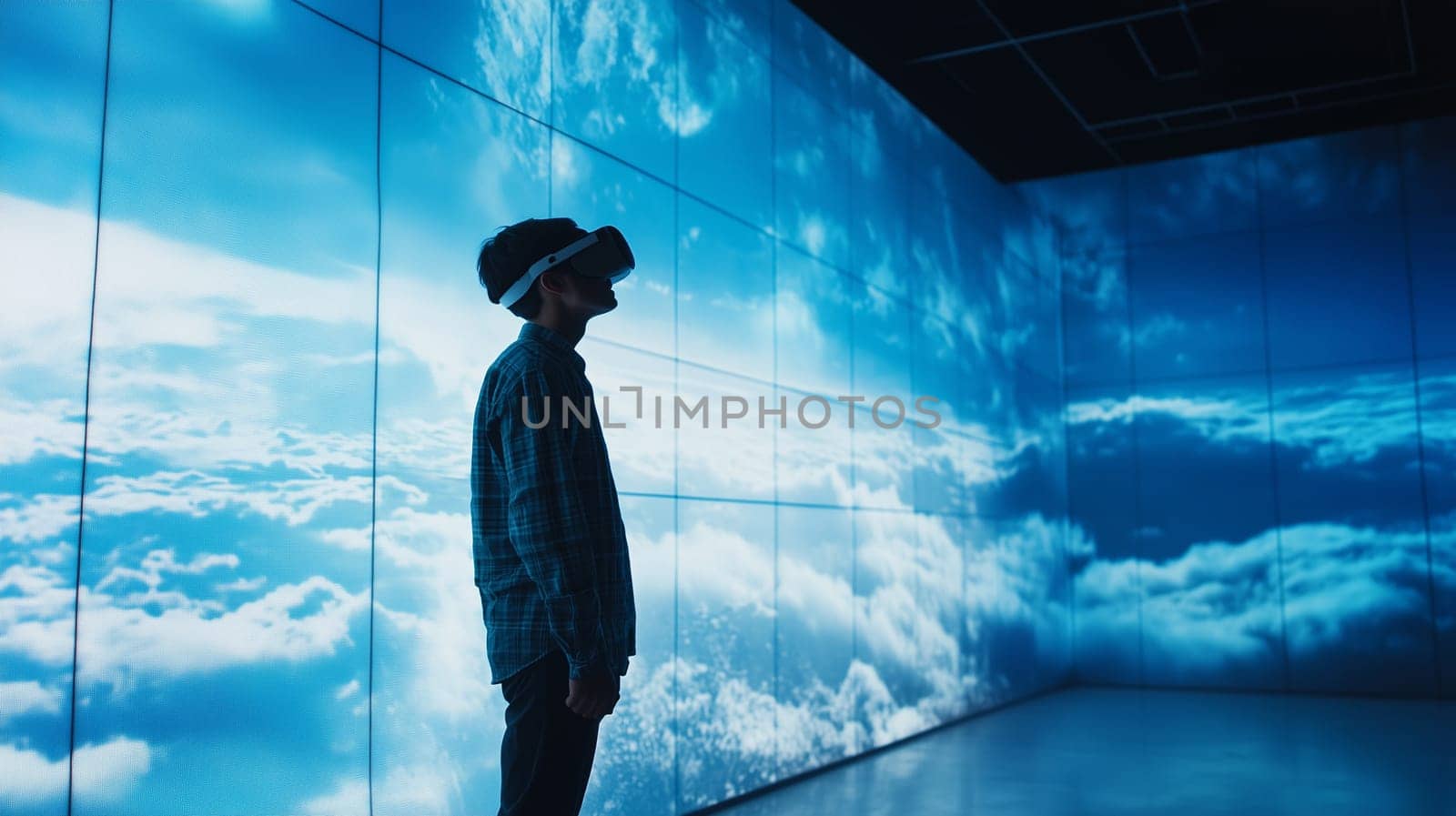 Modern digital interactive technology, teenager boy explores the world using VR headset, kid experience virtual reality, digital sky with clouds