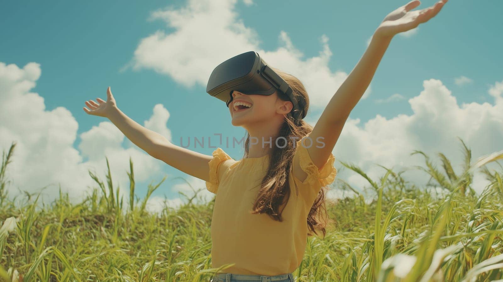 A young girl wearing a VR headset stands in a field with arms raised, immersed in a virtual reality nature experience