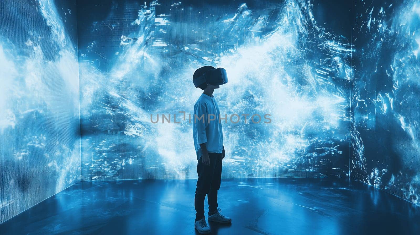 Modern digital interactive technology, teenager boy explores the world using VR headset, kid experience virtual reality. Holographic glowing display projecting image