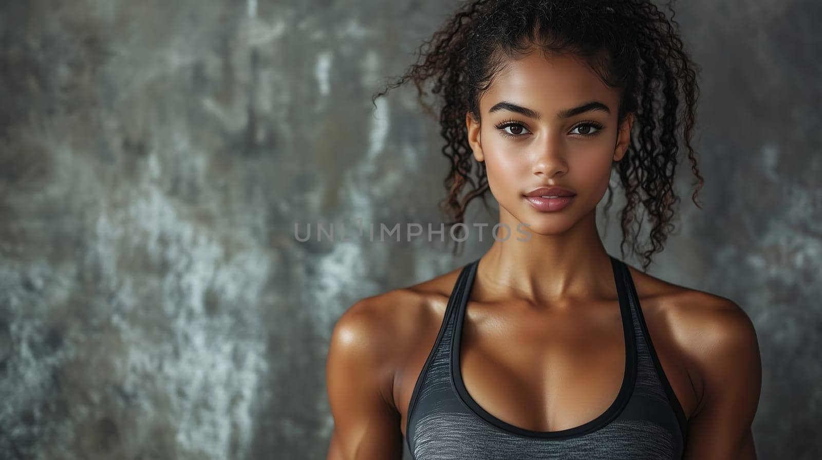 Portrait of beautiful confident black fitness woman in sportswear, African sportswoman posing on gray wall background
