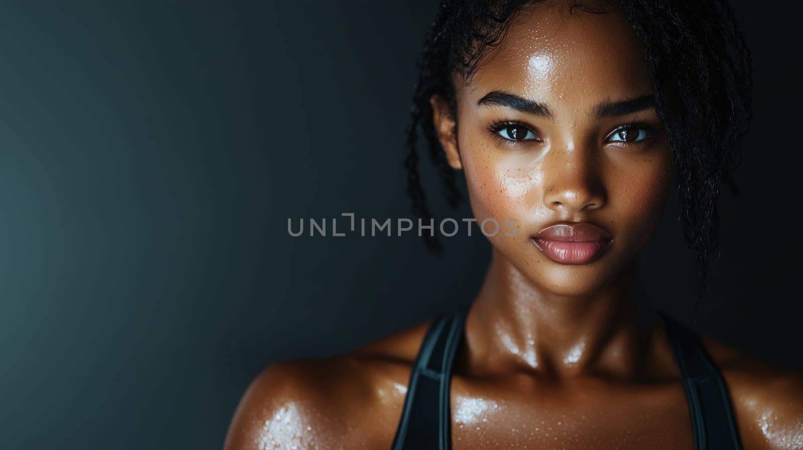 Portrait of beautiful confident black fitness woman in sportswear, sweaty African sportswoman posing on gray studio background
