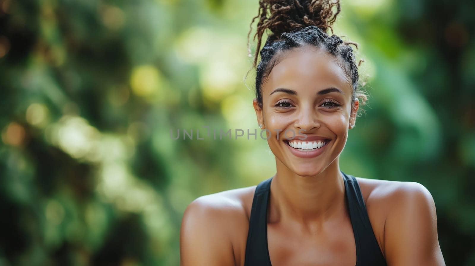 Fitness, sport, portrait of happy sporty woman standing in summer park, sportswoman looking at camera on a sunny day