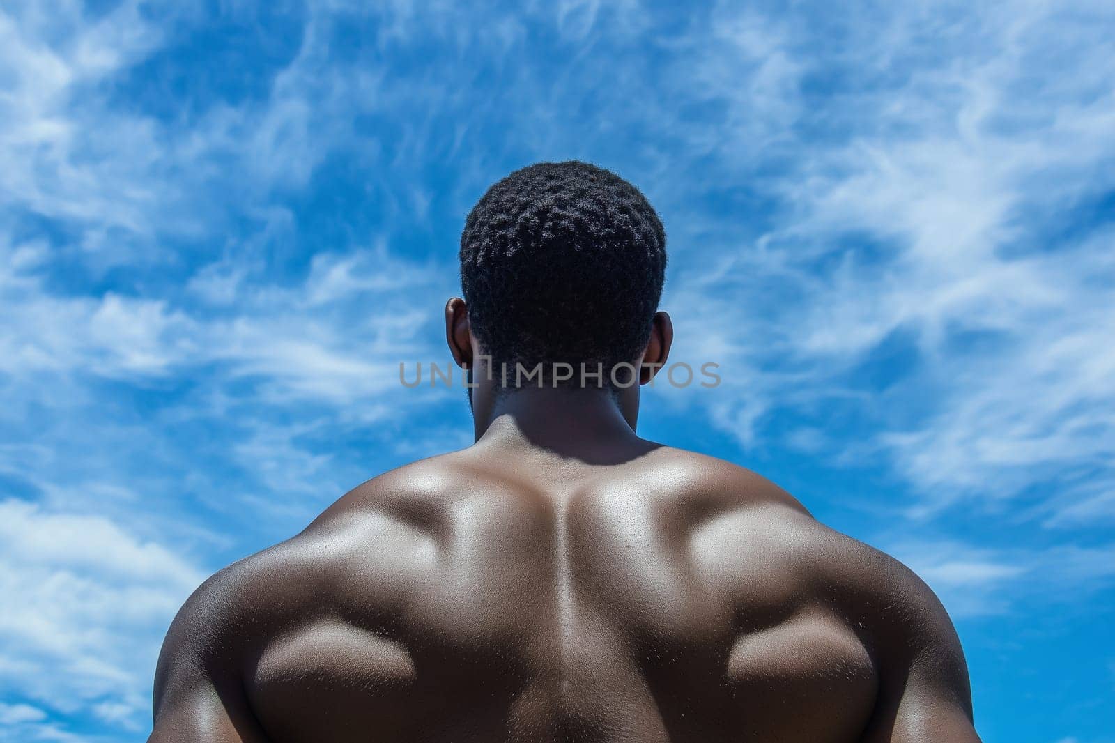 Back view of strong muscular black man bodybuilder, powerful muscle relief of African male athlete against sky clouds