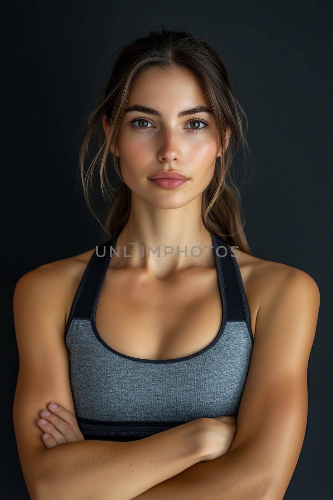 Portrait of beautiful confident fitness young woman in sportswear, sportswoman posing on black studio background