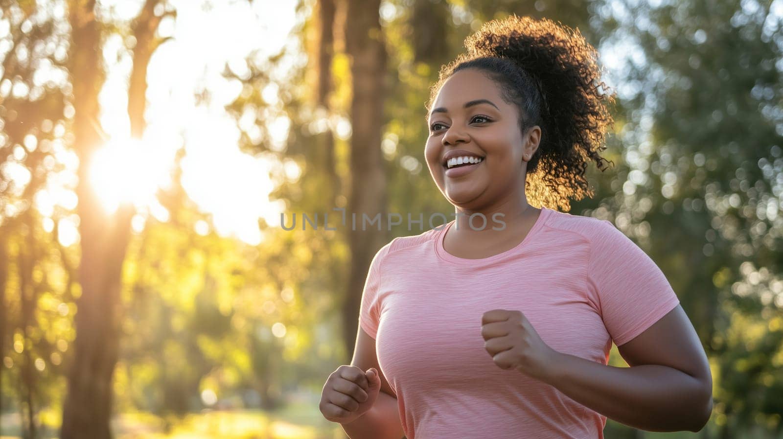 Fitness, sport, happy black plus size woman jogging in summer park, African sportswoman running on a sunny day
