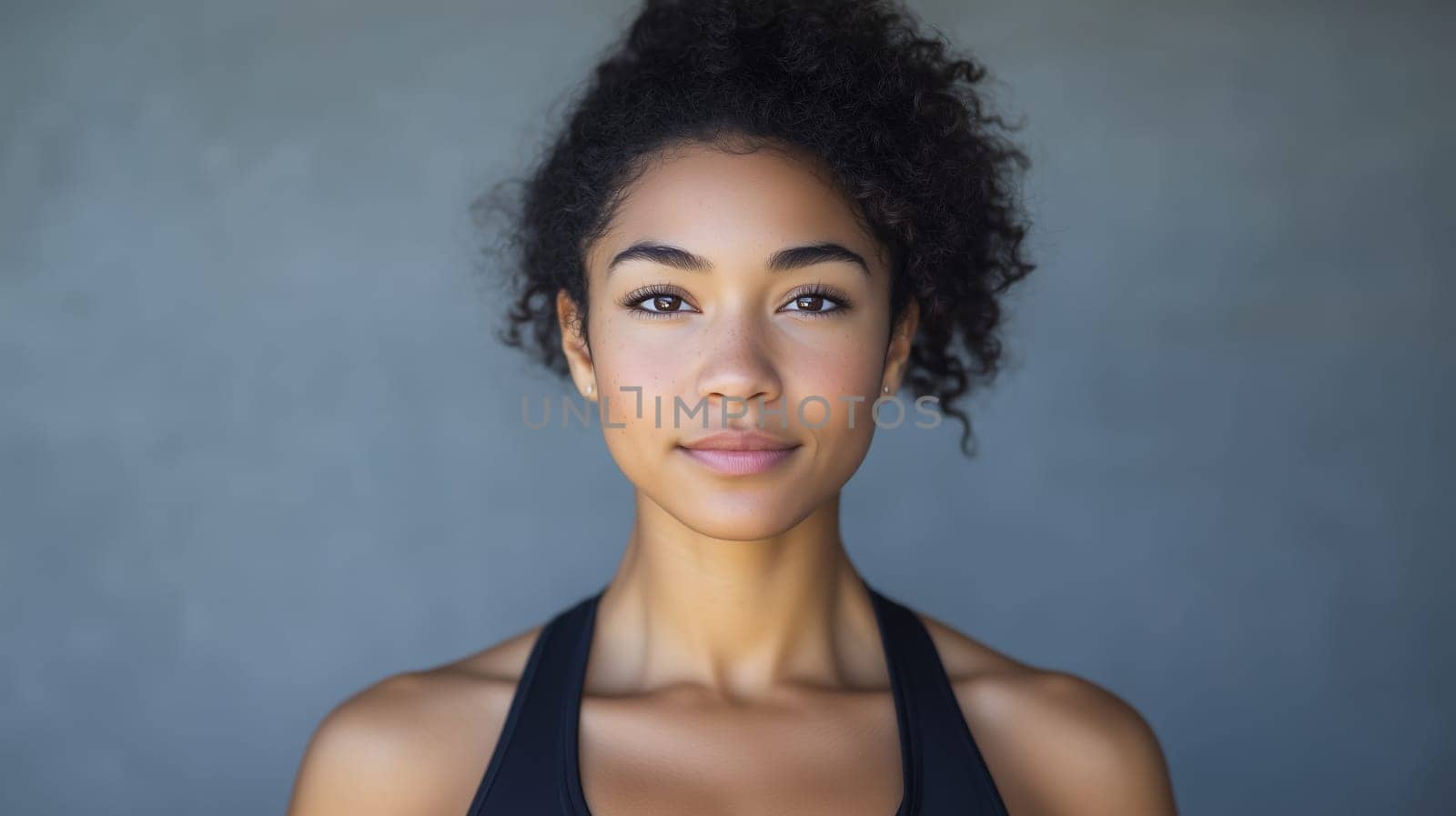 Portrait of beautiful confident black fitness woman in sportswear, African sportswoman posing on gray studio background
