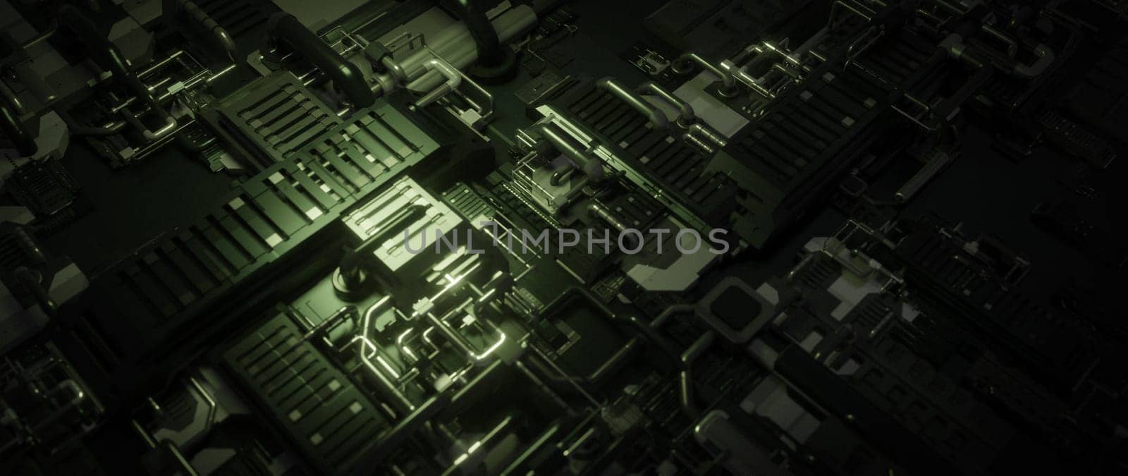 A close-up abstract rendering of a futuristic machine with intricate detail and complex circuitry, evoking themes of technology and innovation.