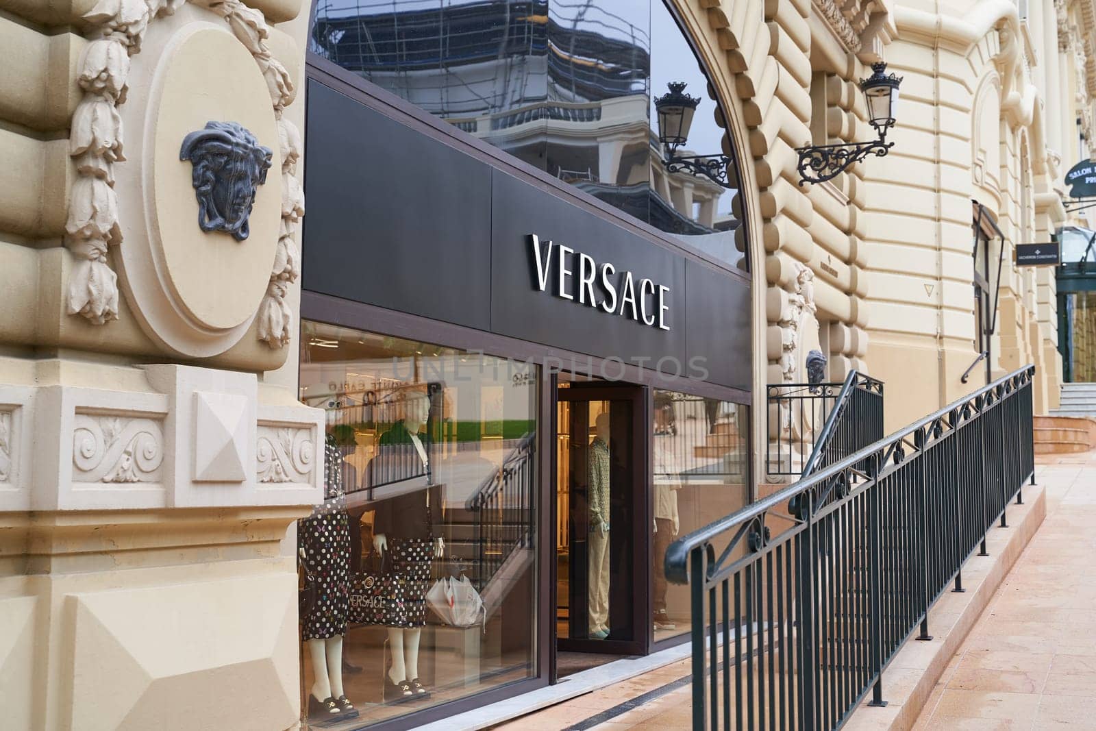 Monte Carlo, Monaco - June 14, 2023: Versace boutique with fashion clothes in Monte Carlo, Monaco