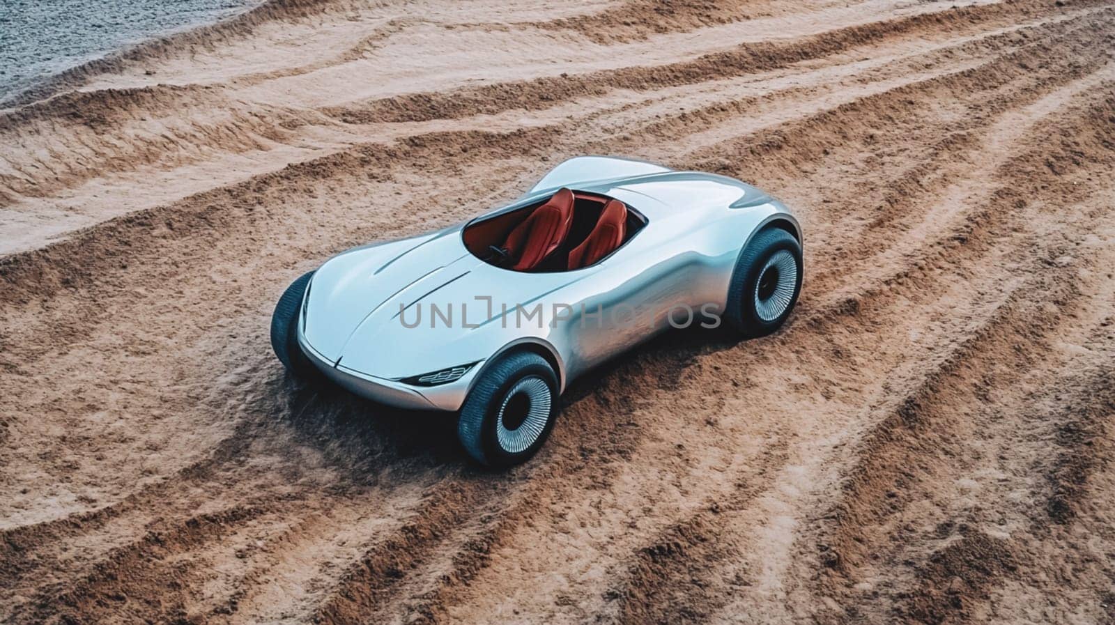 Futuristic silver concept car driving on sand dunes in a desert environment. This car is perfect for topics such as innovation, technology, and the automotive industry