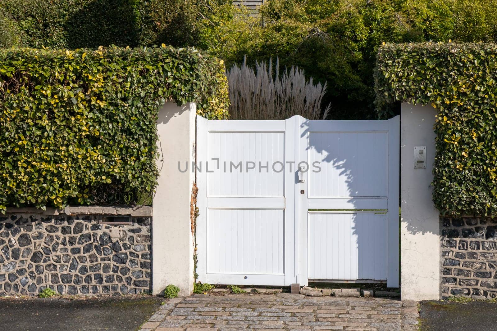 Metal gate and door with green trimmed bush hedge with stone basement and empty sidewalk in the city, horizontal background