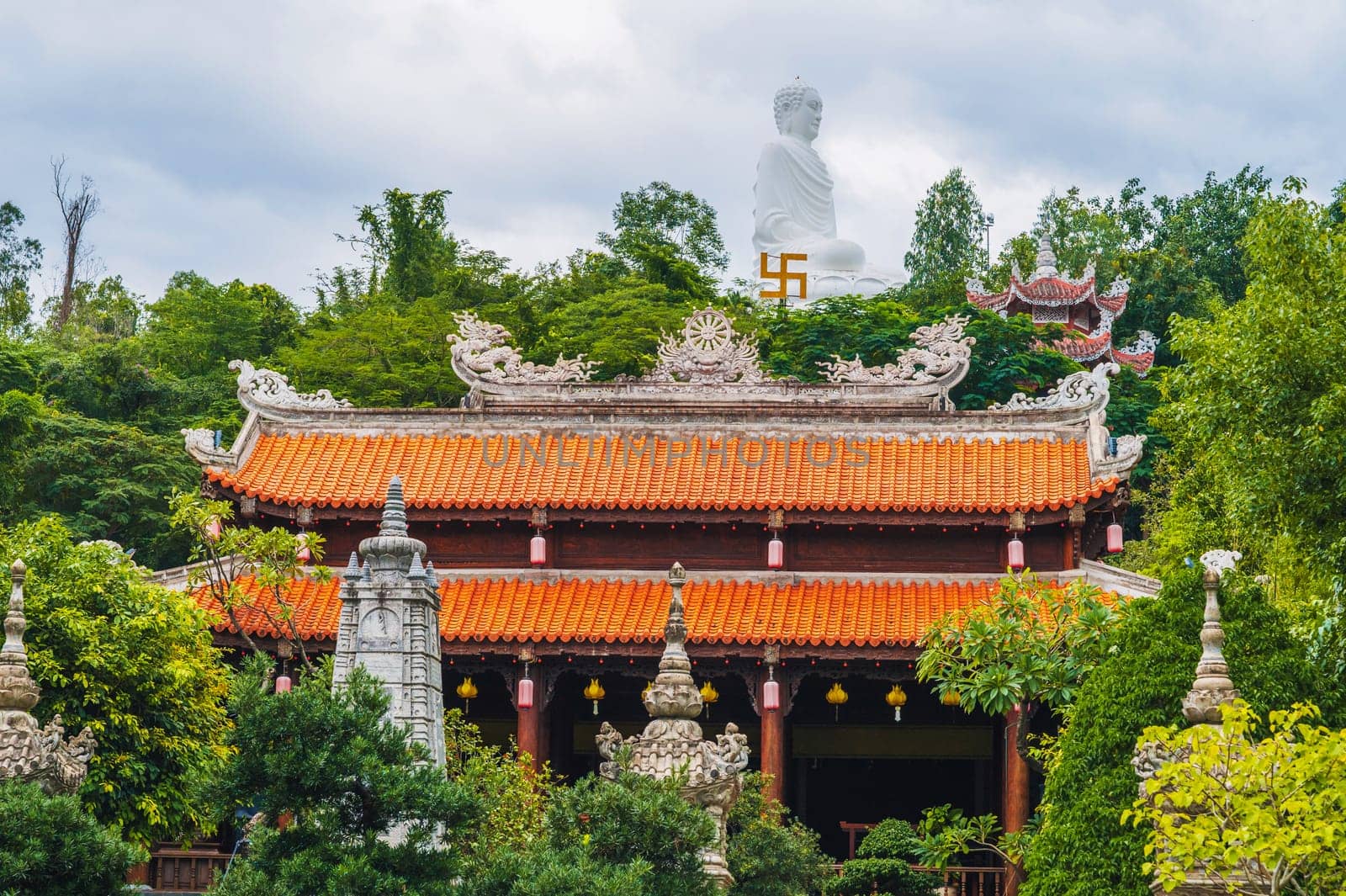 Asian Vietnamese Buddhist Temple and Buddha statue at Long Son Pagoda in Nha Trang in Vietnam