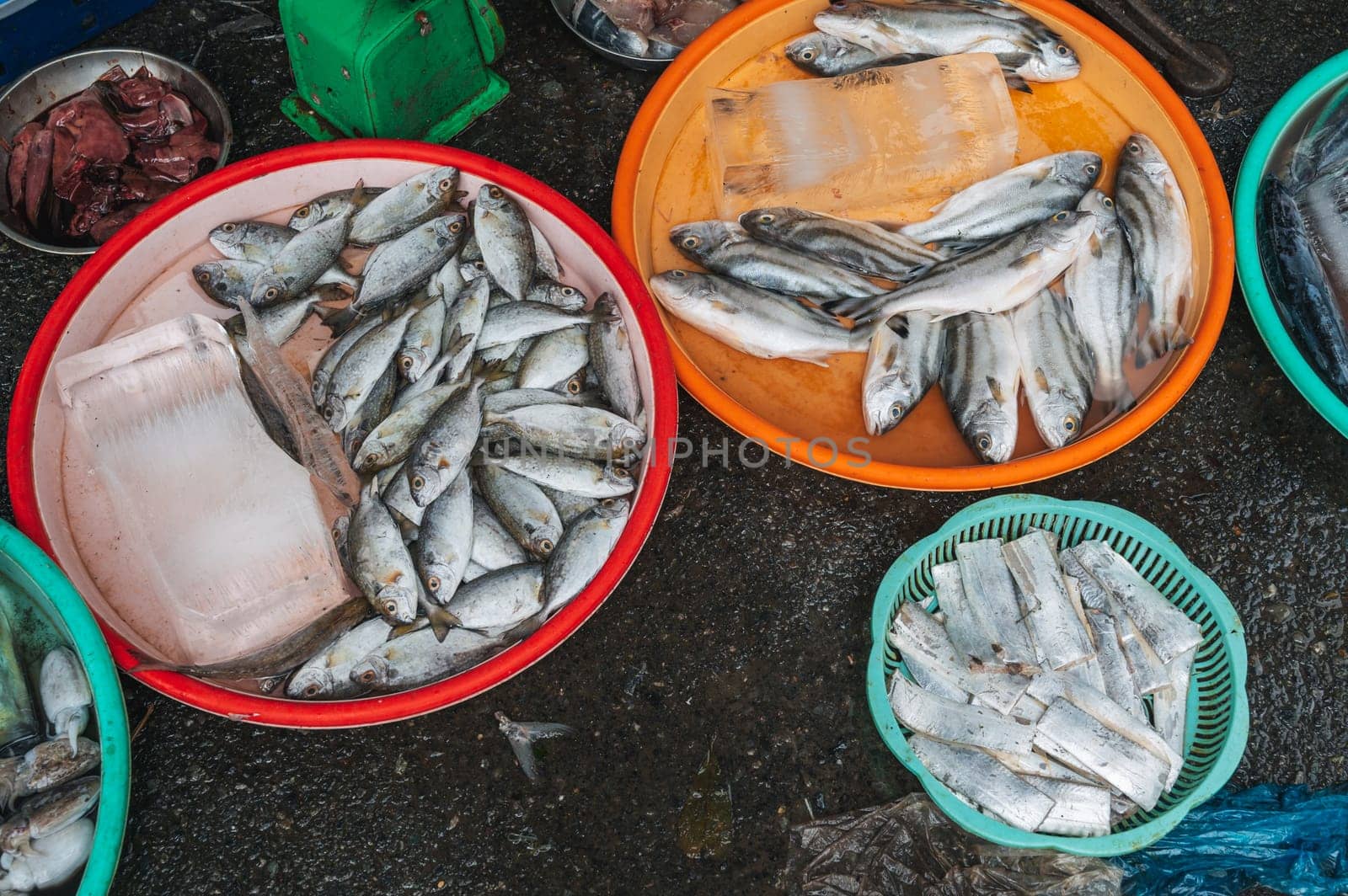 fresh fish at the Asian street market in Asia in Vietnam