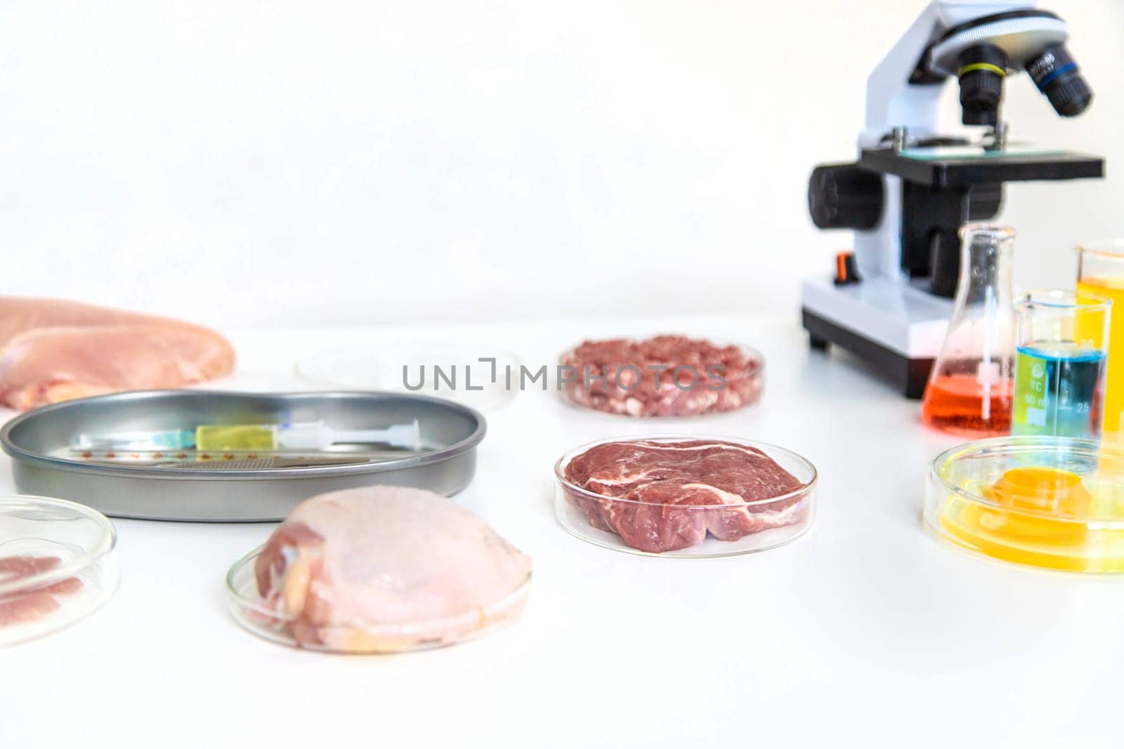 Examine meat in the laboratory. Selective focus. Food.