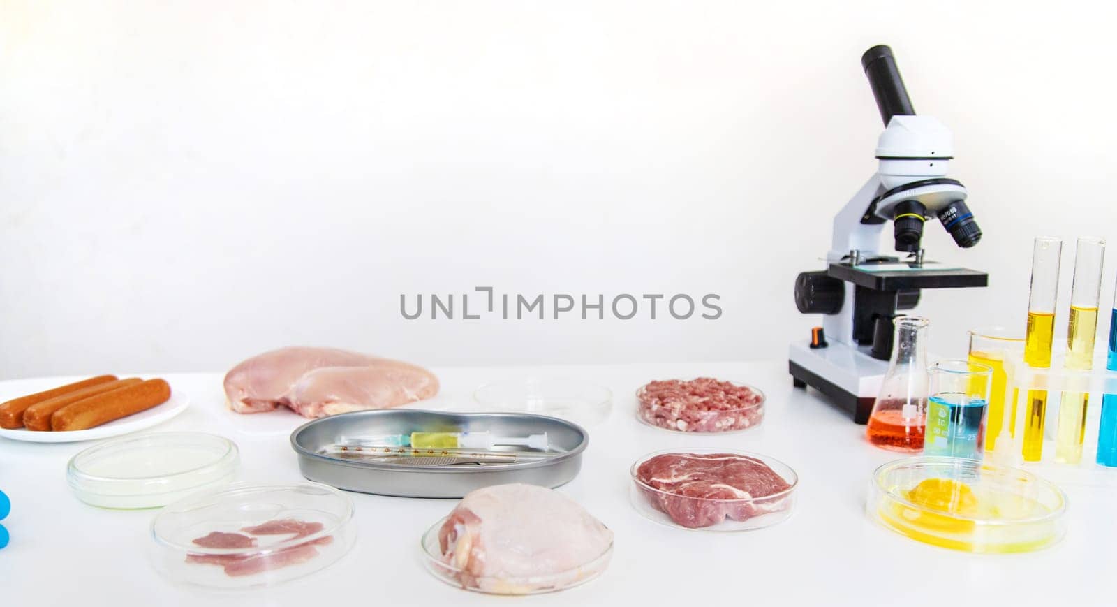 Examine meat in the laboratory. Selective focus. Food.