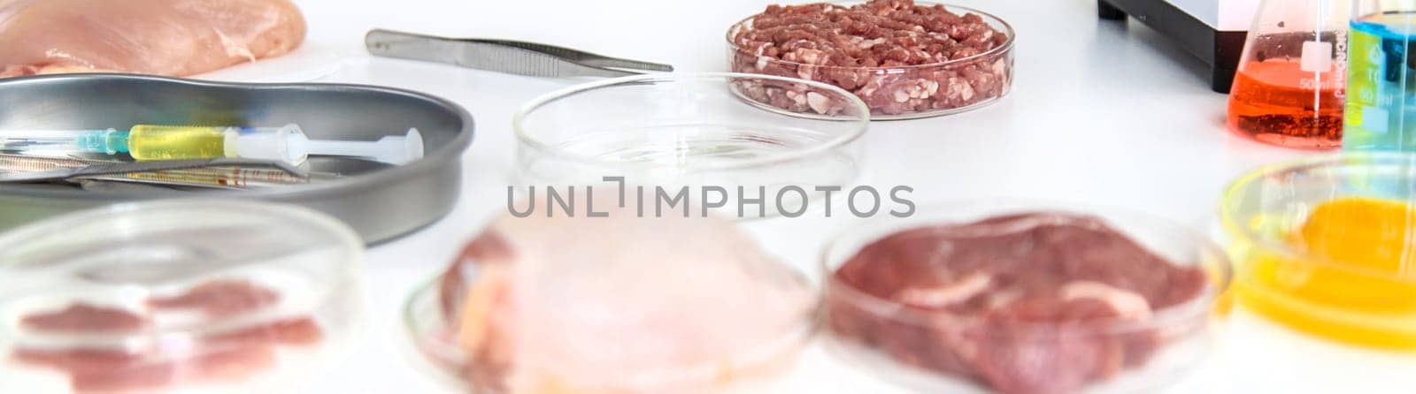 Examine meat in the laboratory. Selective focus. Food.