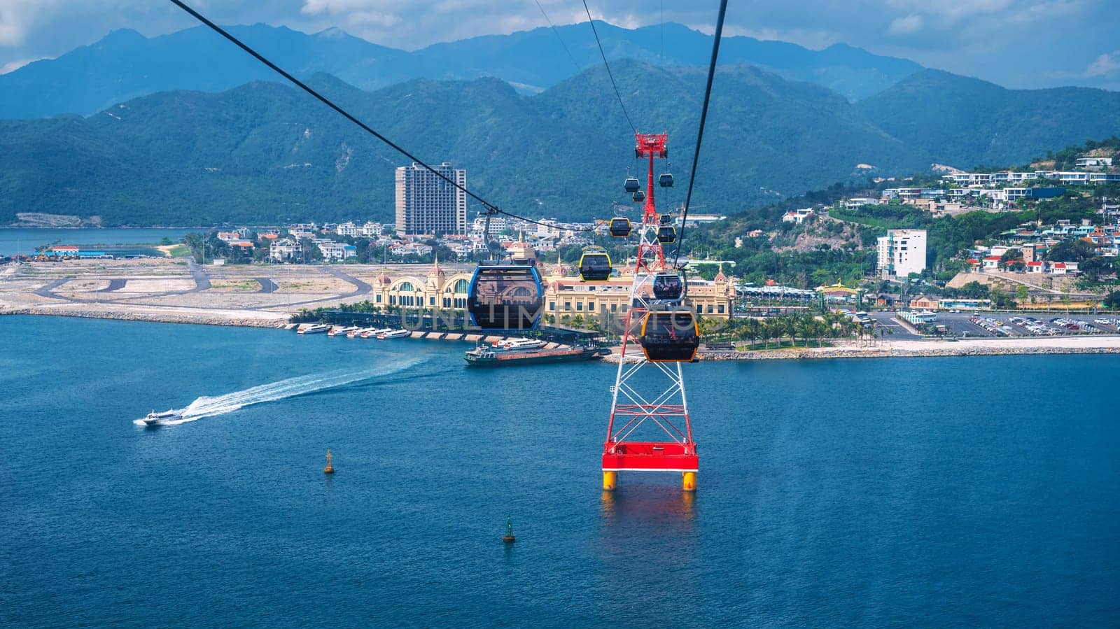 cable car ropeway cabins on cableway over the sea to Vinpearl Amusement Park in Nha Trang in Vietnam
