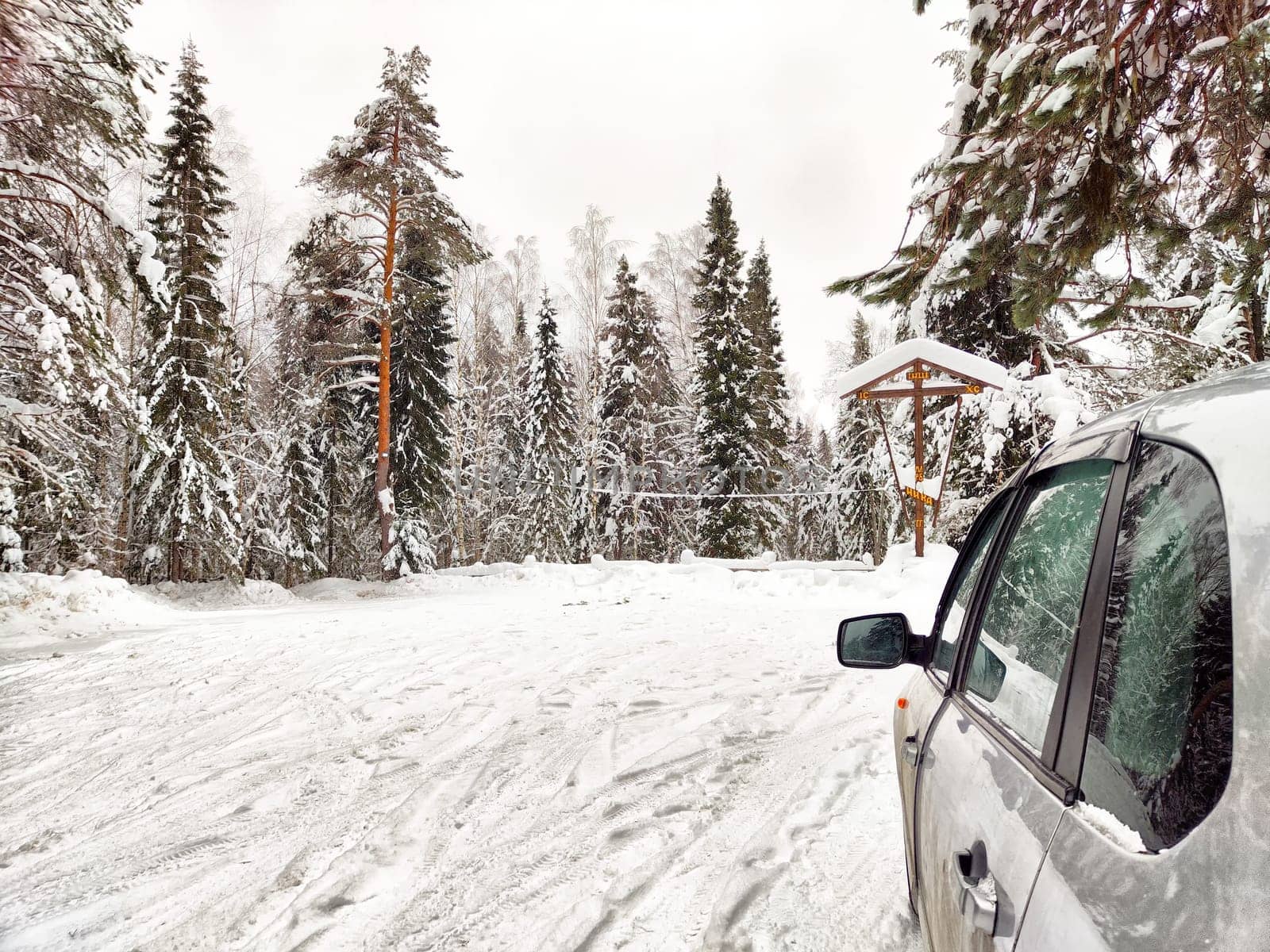 A car is parked in a snow-covered area surrounded by tall evergreen trees and a wooden gazebo, creating a quiet winter retreat.