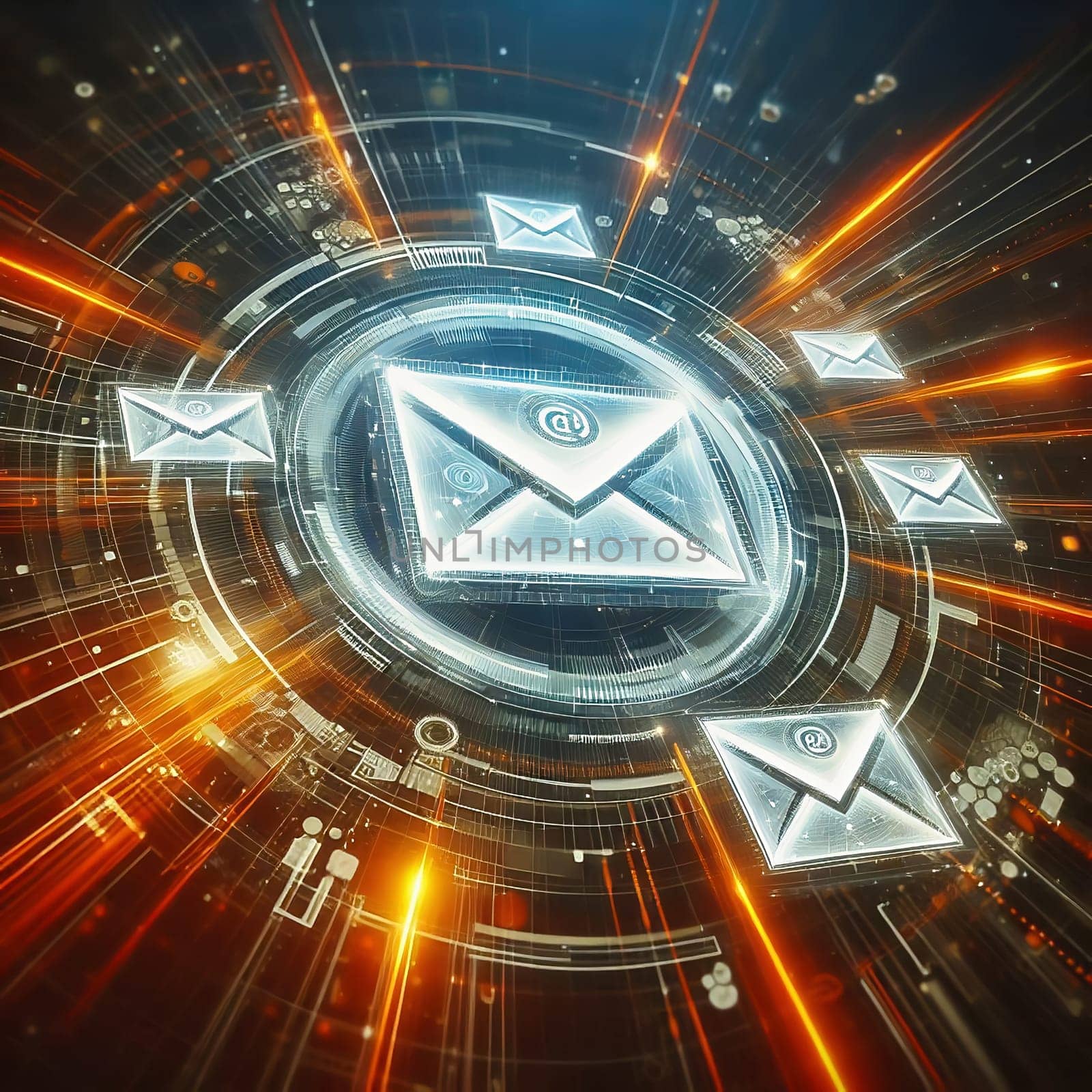 Futuristic digital e-mail transmission: Glowing envelopes float above a circuit board with fast, orange data streams. Ideal for technology themes!