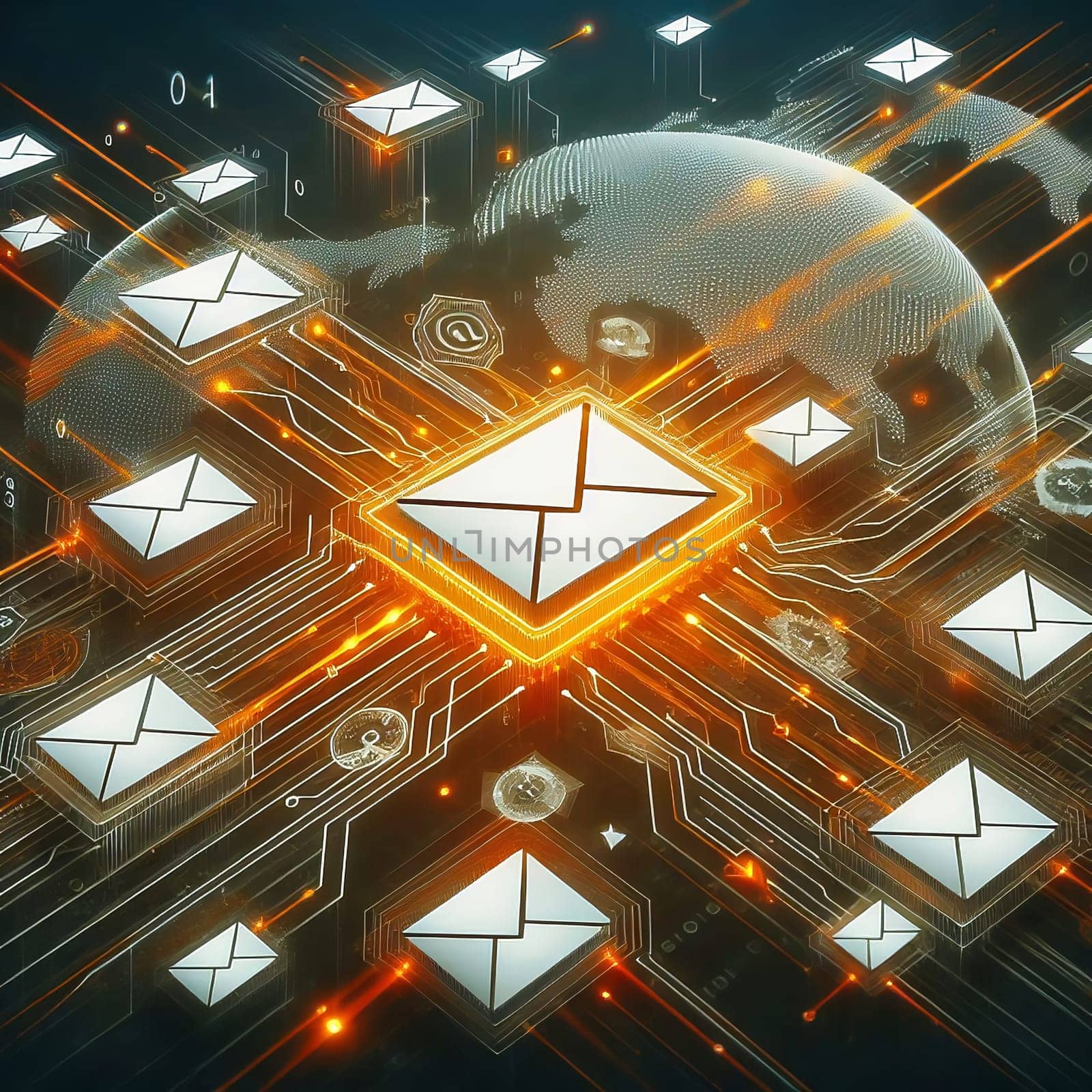 Futuristic digital e-mail transmission: Glowing envelopes float above a circuit board with fast, orange data streams. Ideal for technology themes!
