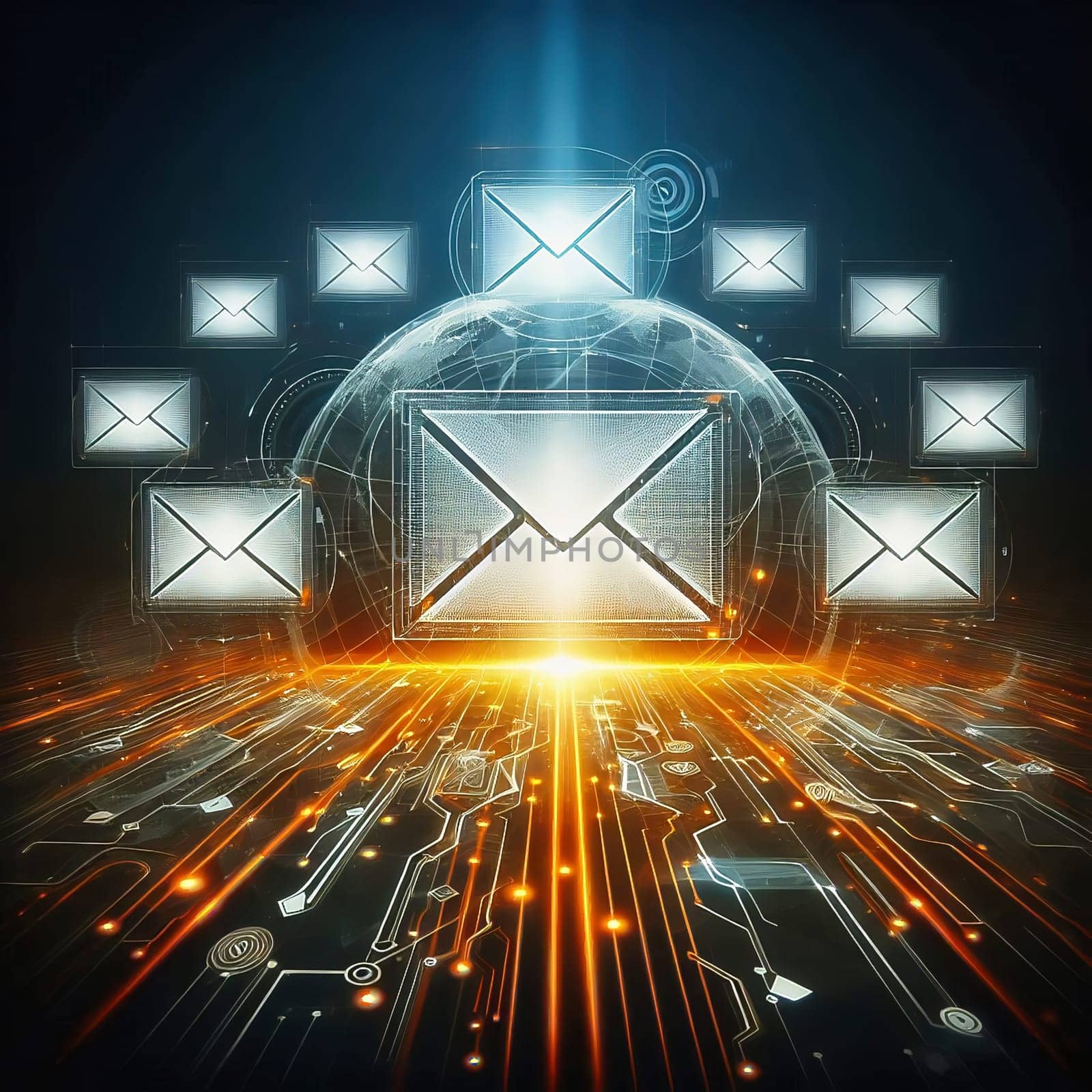 Futuristic digital e-mail transmission: Glowing envelopes float above a circuit board with fast, orange data streams. Ideal for technology themes!
