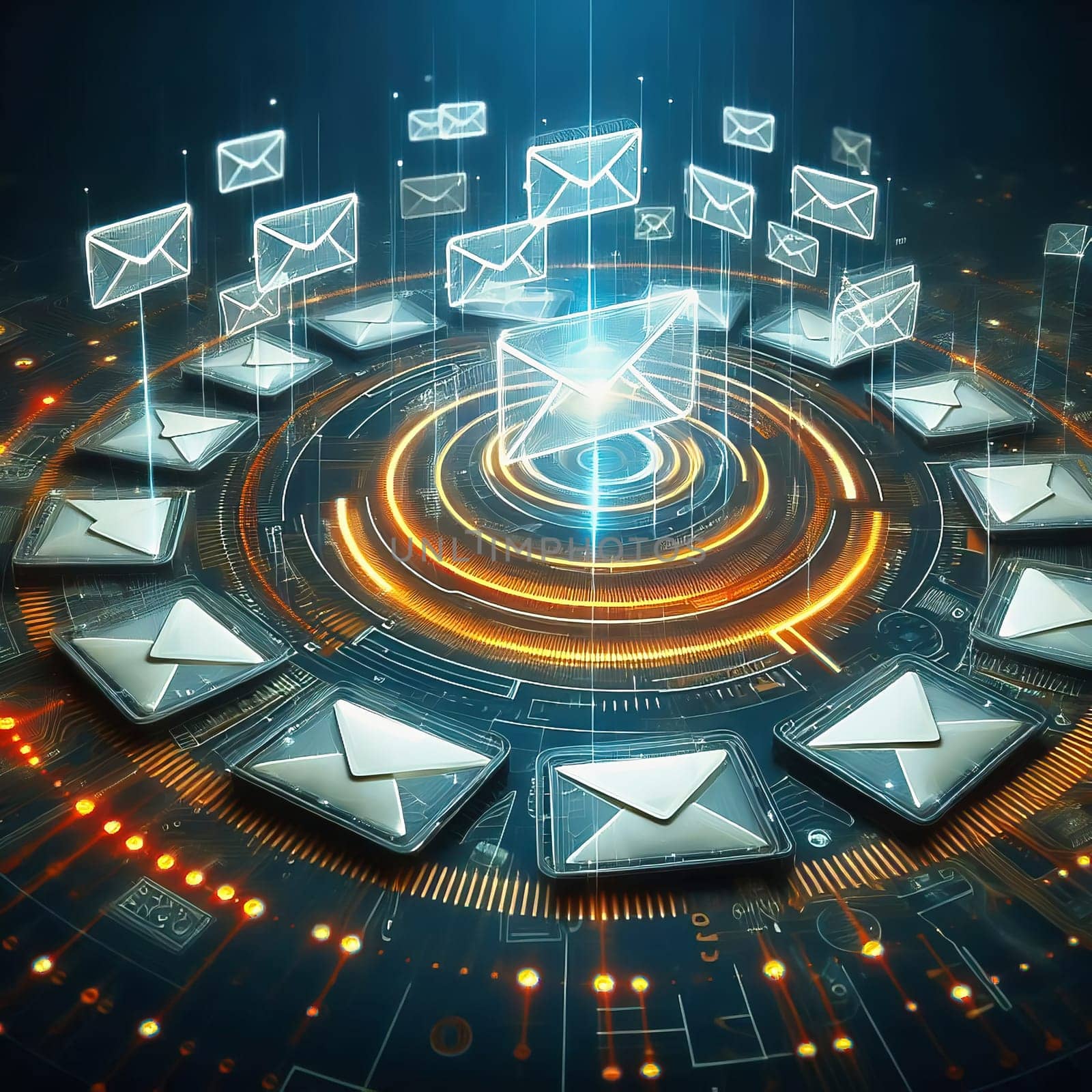 Futuristic digital e-mail transmission: Glowing envelopes float above a circuit board with fast, orange data streams. Ideal for technology themes!