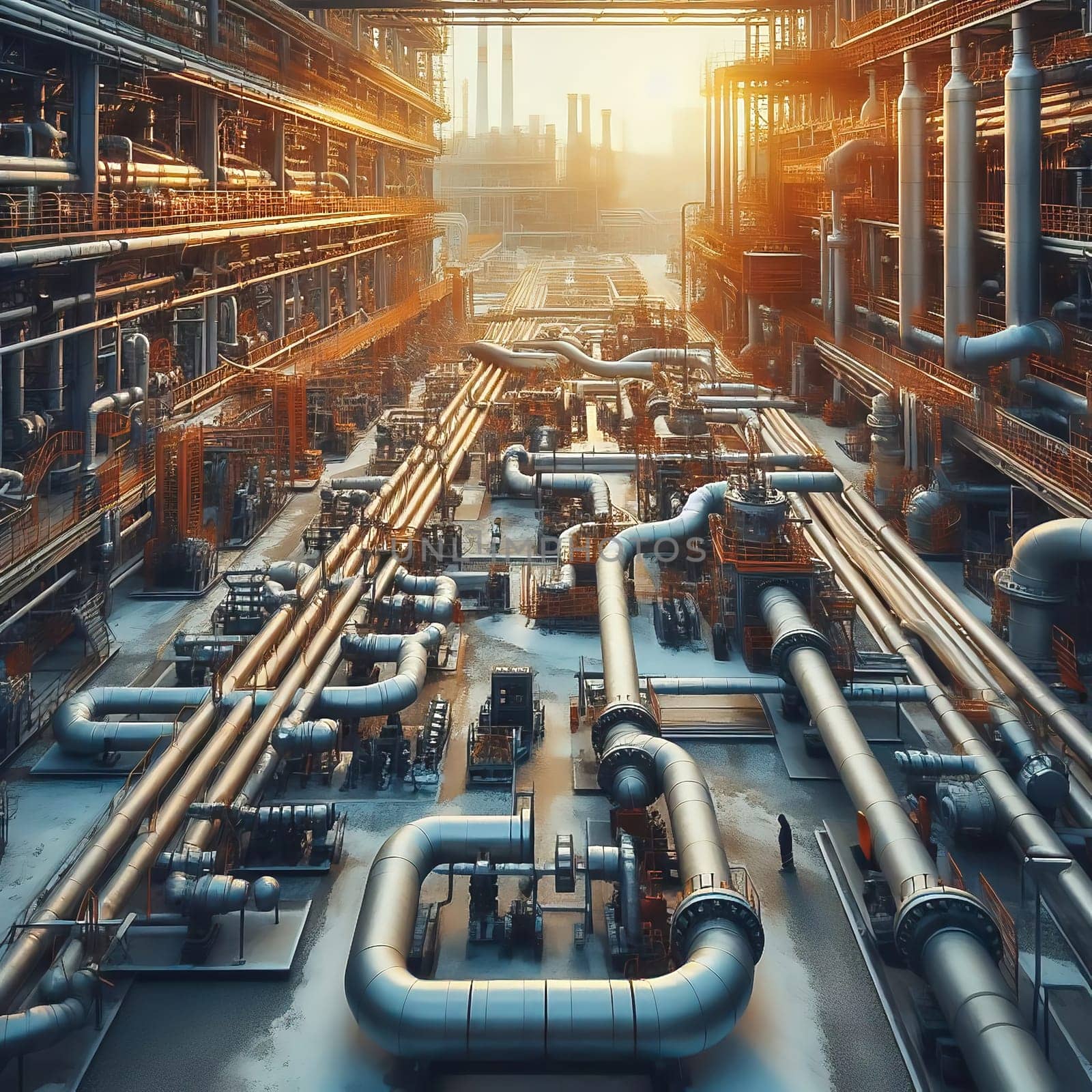 Futuristic industrial plant with complex pipelines, valves and towers, illuminated by warm sunlight. Technological infrastructure in perfection.