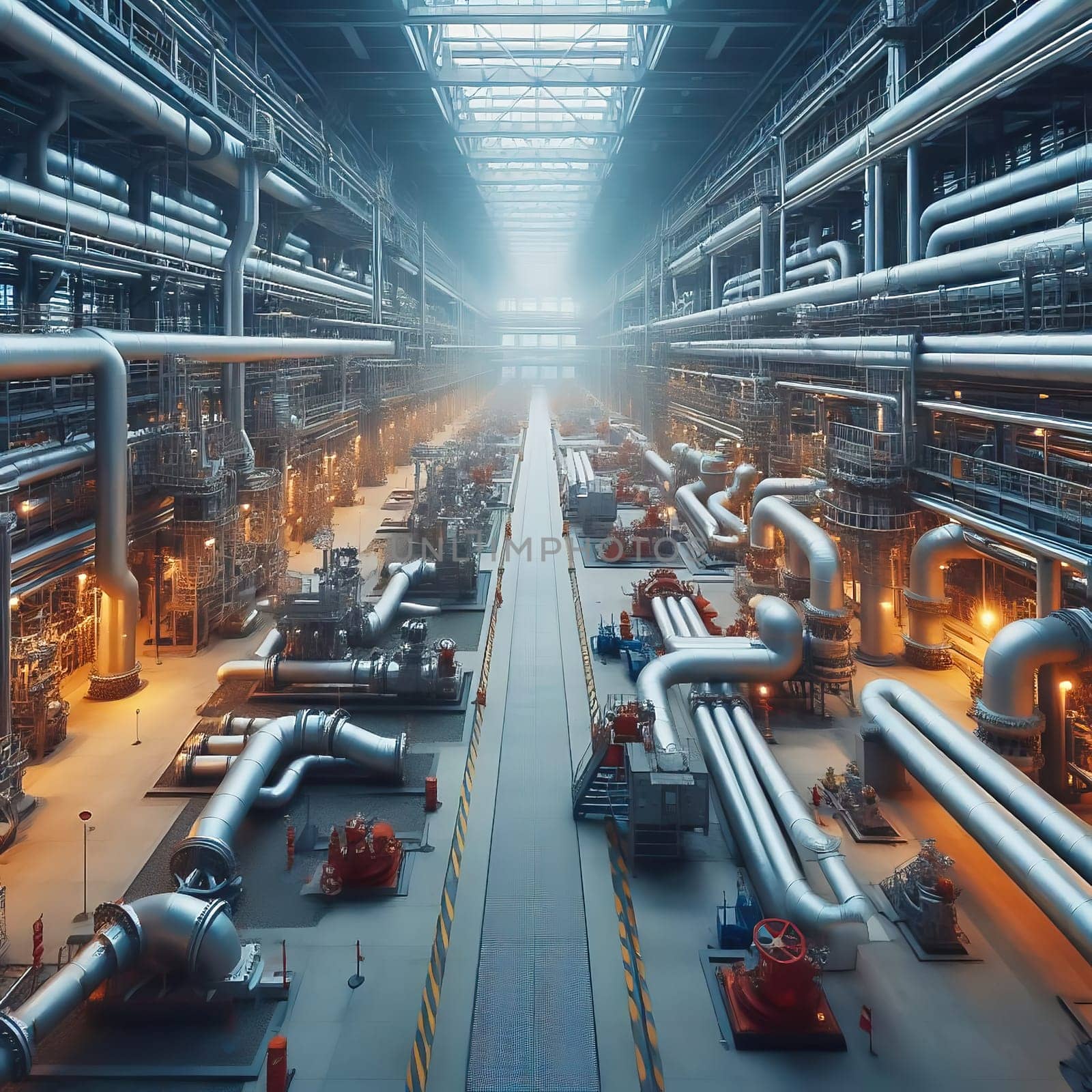 Futuristic industrial plant with complex pipelines, valves and towers, illuminated by warm sunlight. Technological infrastructure in perfection.