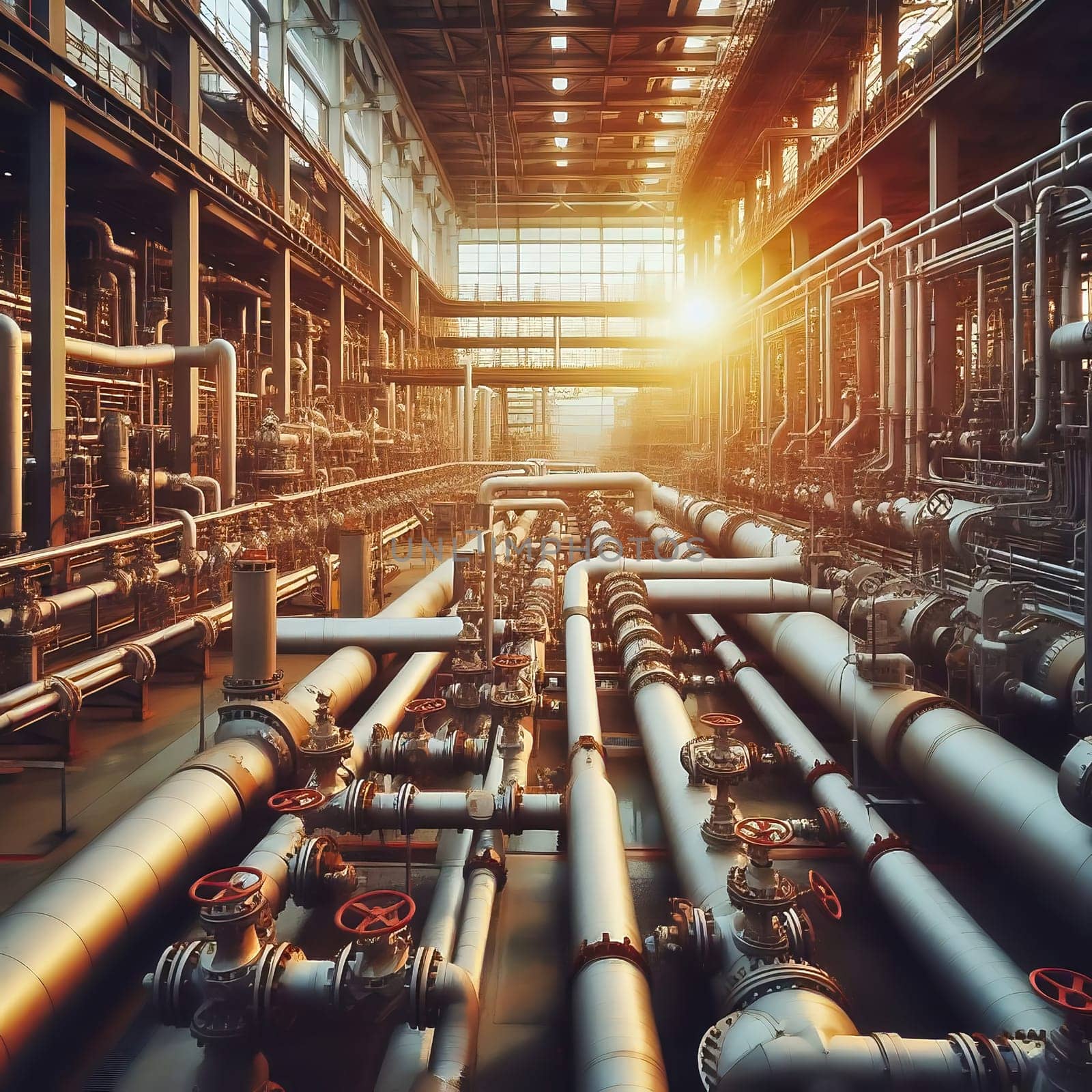 Futuristic industrial plant with complex pipelines, valves and towers, illuminated by warm sunlight. Technological infrastructure in perfection.