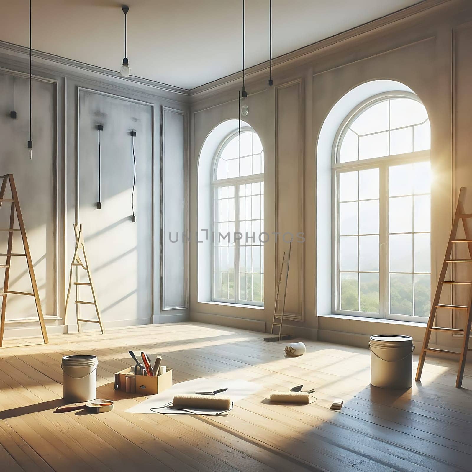Bright, renovated room with large windows. Painter's ladder, paint bucket and tools indicate a creative makeover. Perfect for renovation themes!