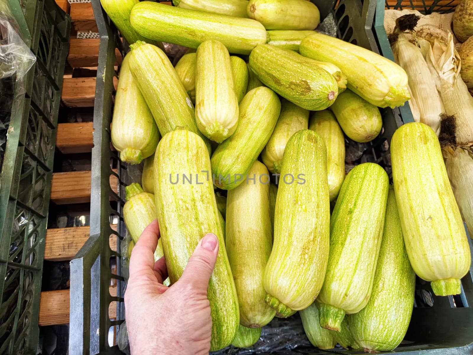 Hand reaching for fresh zucchini among a large display at a busy local market showcasing summer produce.
