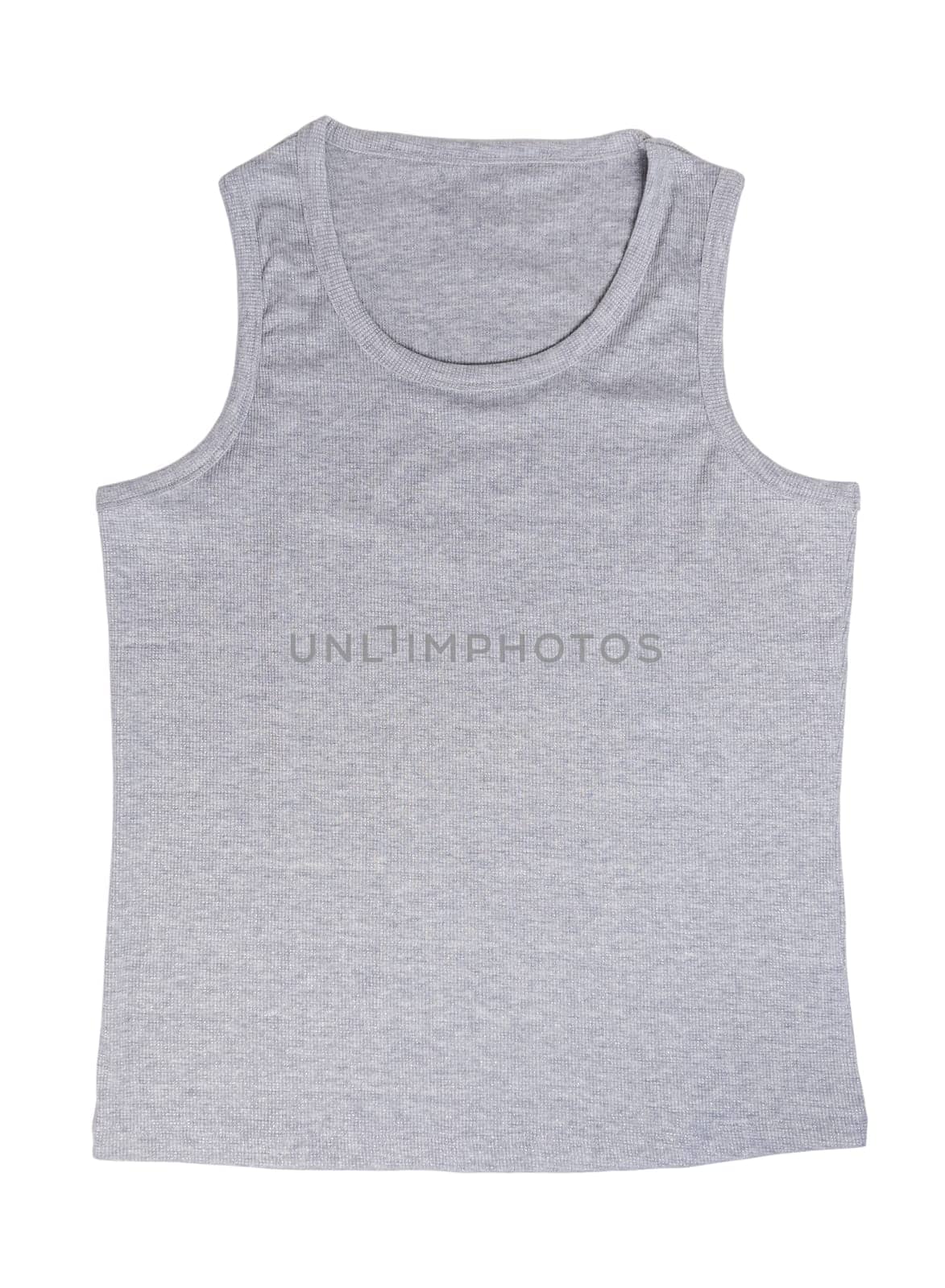 studio shot of simple grey sleeveless t-shirt showing its simple design and neutral color suitable for everyday wear or as underwear, isolated on clean white background,