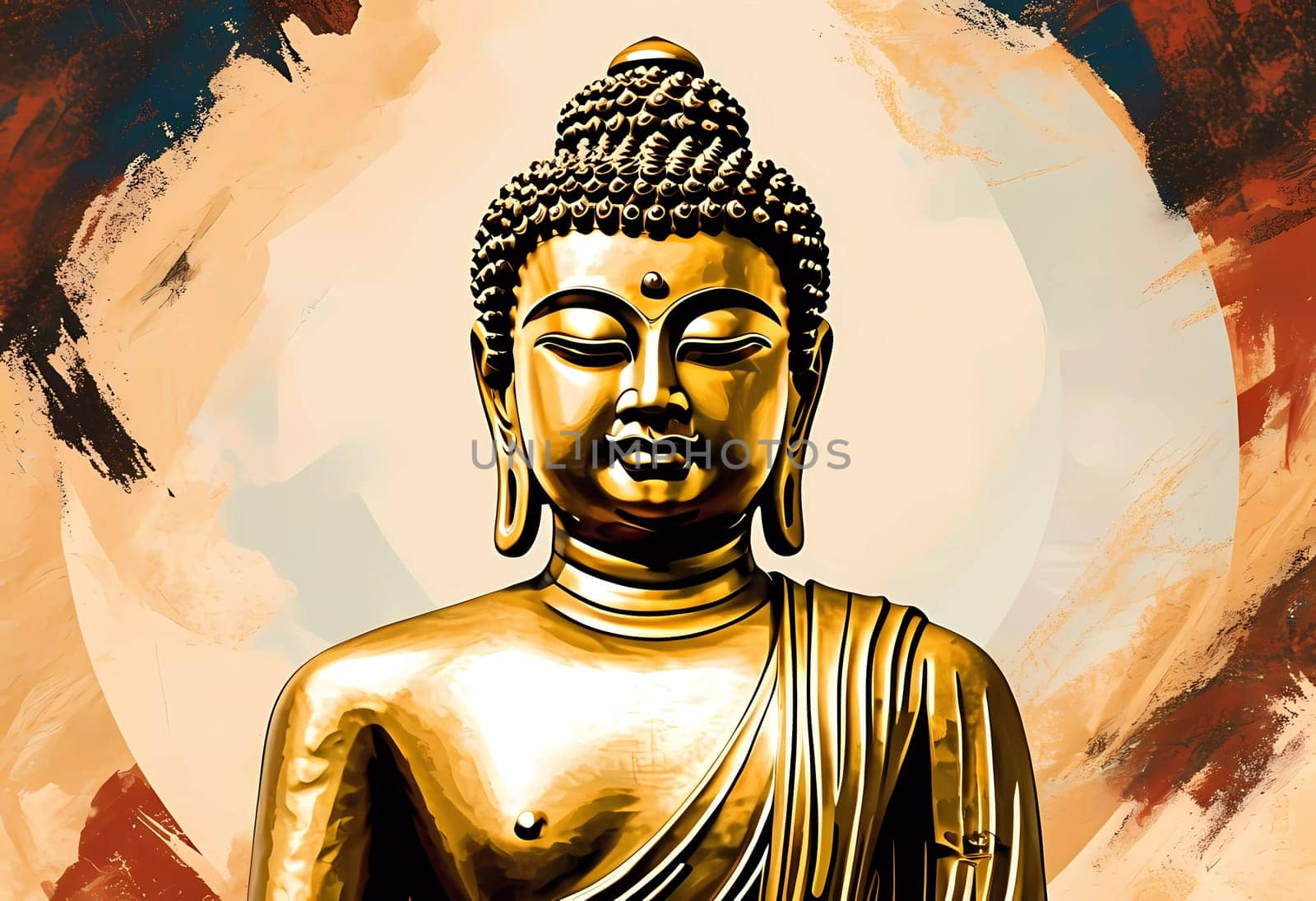 A golden Buddha statue stands gracefully, exuding calm and peace. The intricate details shine brightly against a backdrop of warm and dynamic colors, creating a sense of harmony.