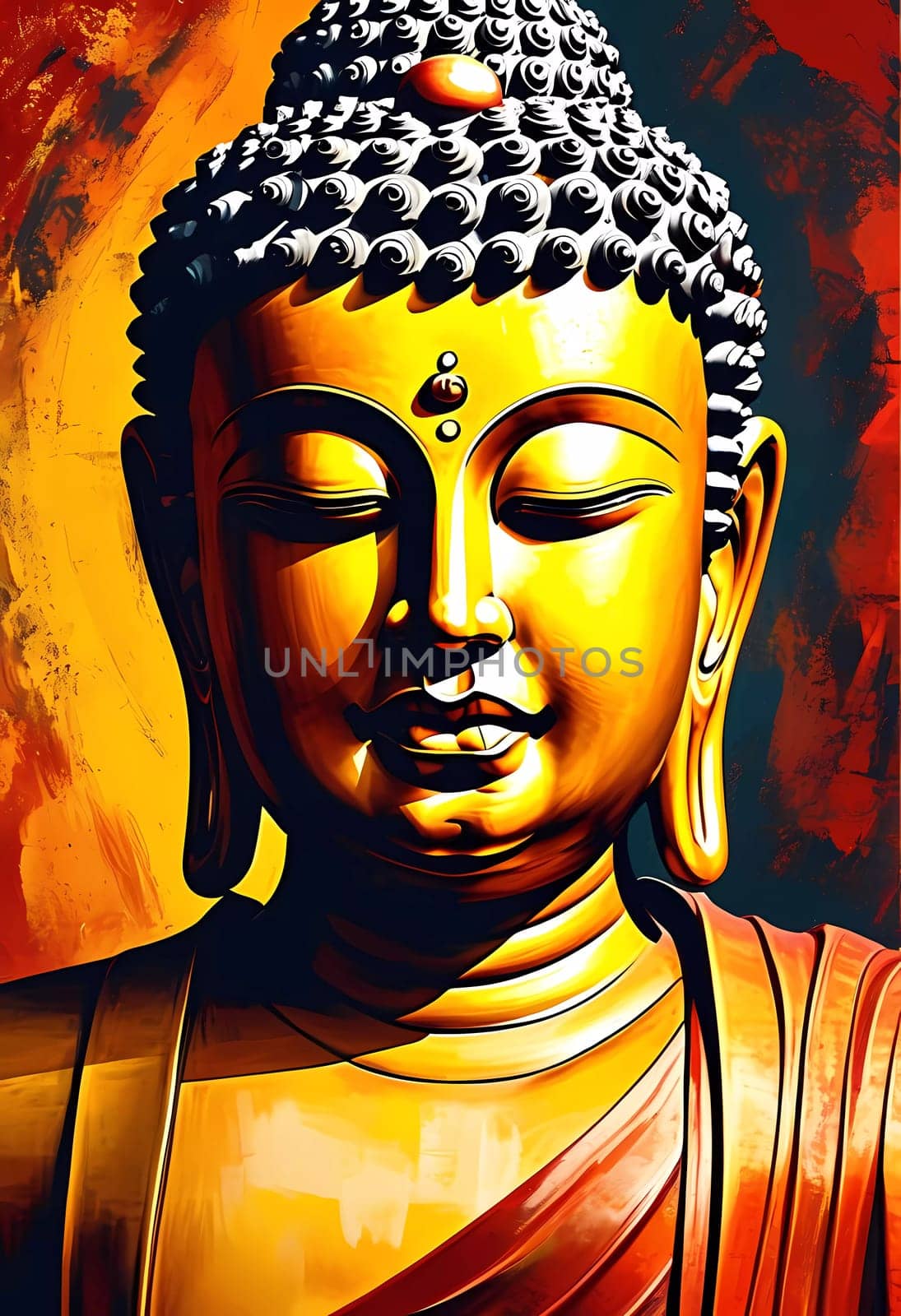 A stunning golden Buddha statue stands serenely, capturing the essence of peace and calm. The warm, colorful backdrop enhances its spiritual presence, inviting contemplation.