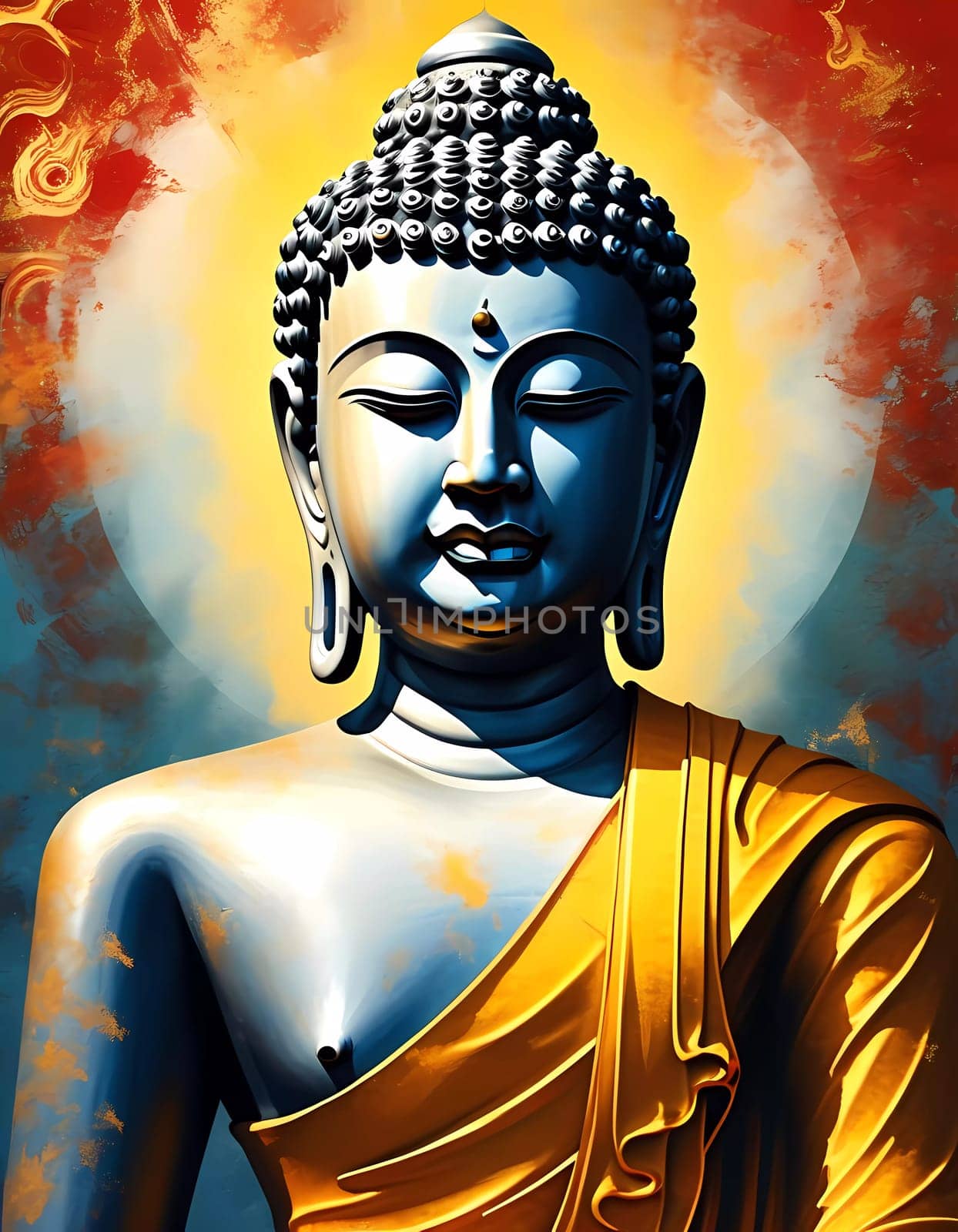 A stunning portrayal of a Buddha statue adorned in a golden robe. Surrounded by a burst of colors, it evokes tranquility and invites reflection on inner peace and wisdom.