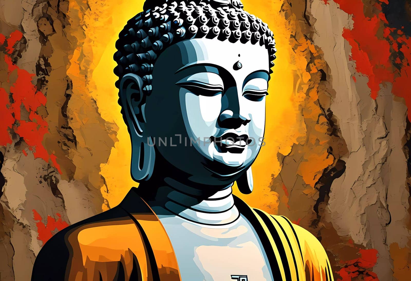 A serene Buddha statue stands prominently, exuding peace and wisdom, surrounded by a dynamic golden and red backdrop, creating a perfect harmony of colors and spirituality.