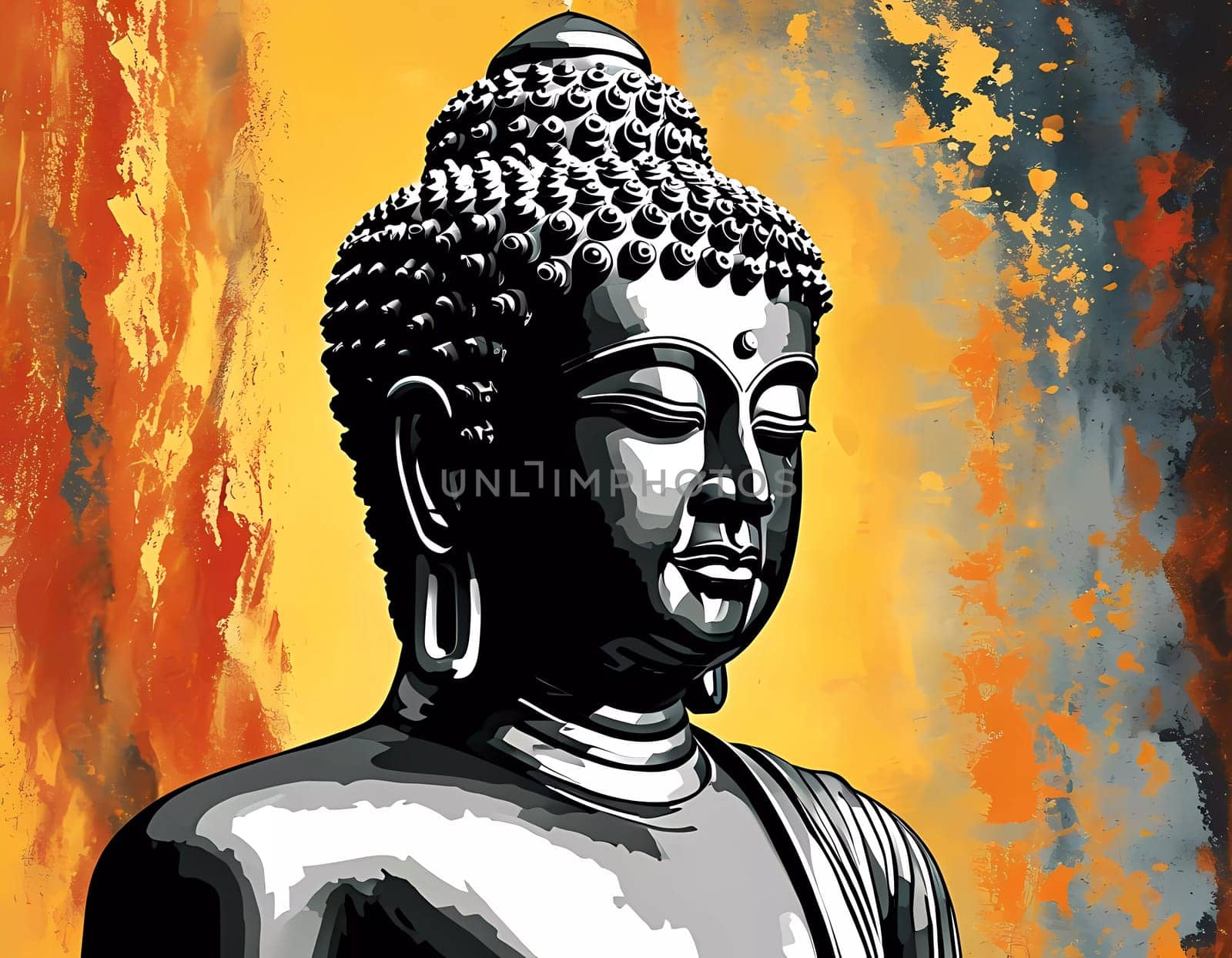 A majestic Buddha statue stands peacefully, its detailed features evoking a sense of calm.