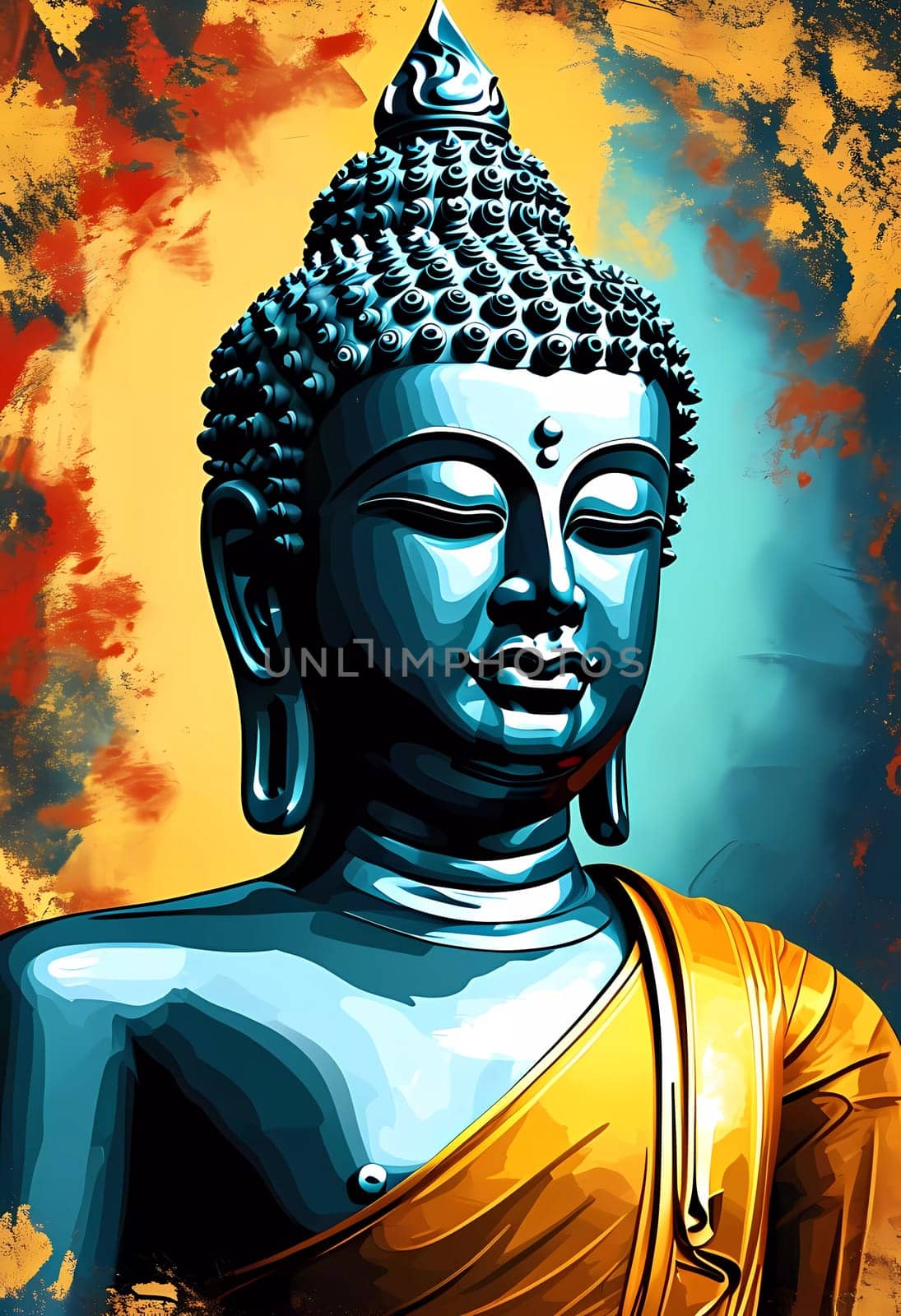 Buddha statue exuding serenity and wisdom stands majestically draped in a golden robe. Its blue hue contrasts beautifully with a warm, colorful backdrop, inspiring calmness.