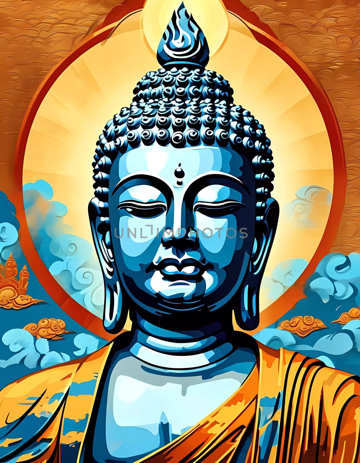 A striking depiction showcases the tranquil features of Buddha, adorned in traditional robes, set against a radiant backdrop filled with vibrant clouds and golden light.
